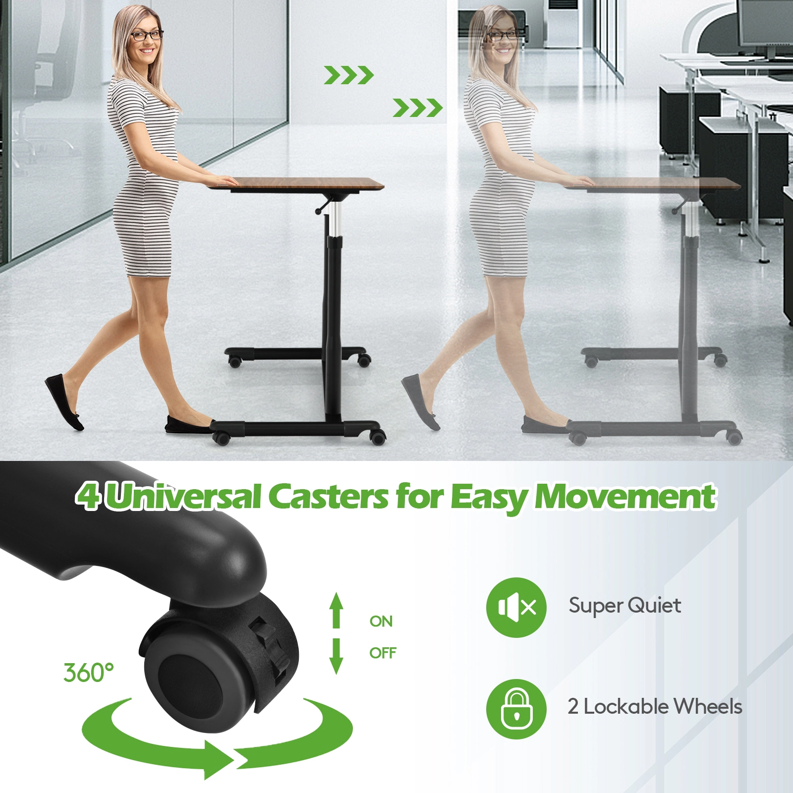 SUGIFT Height Adjustable Sit to Stand Rolling Computer Desk With 37.5 x 21.5 in Work Surface 66-Lb Capacity Brown