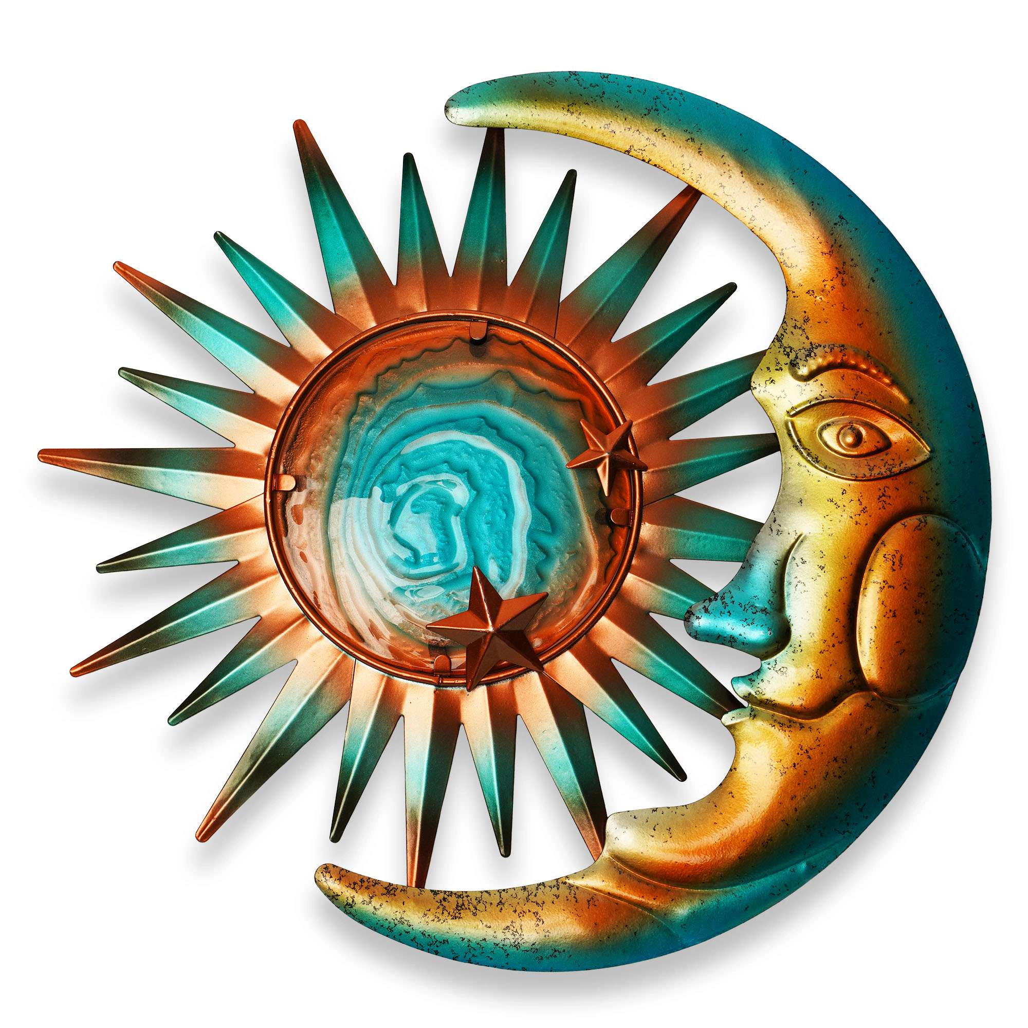 G128 Sun and Moon Metal Wall Art, Hand-Painted Turquoise Metal Sculpture for Indoor and Outdoor Hanging