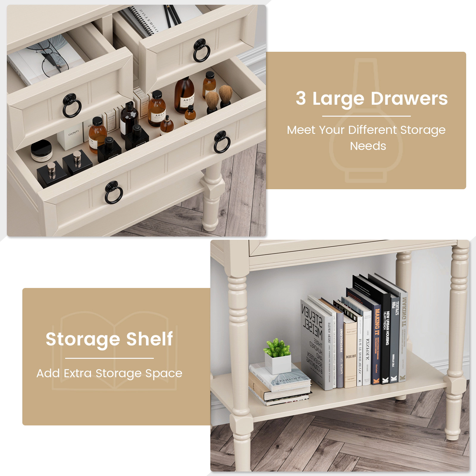 SUGIFT MDF Acacia and Rubber Wood 3 Drawers Open Shelf Narrow Console Table In Beige