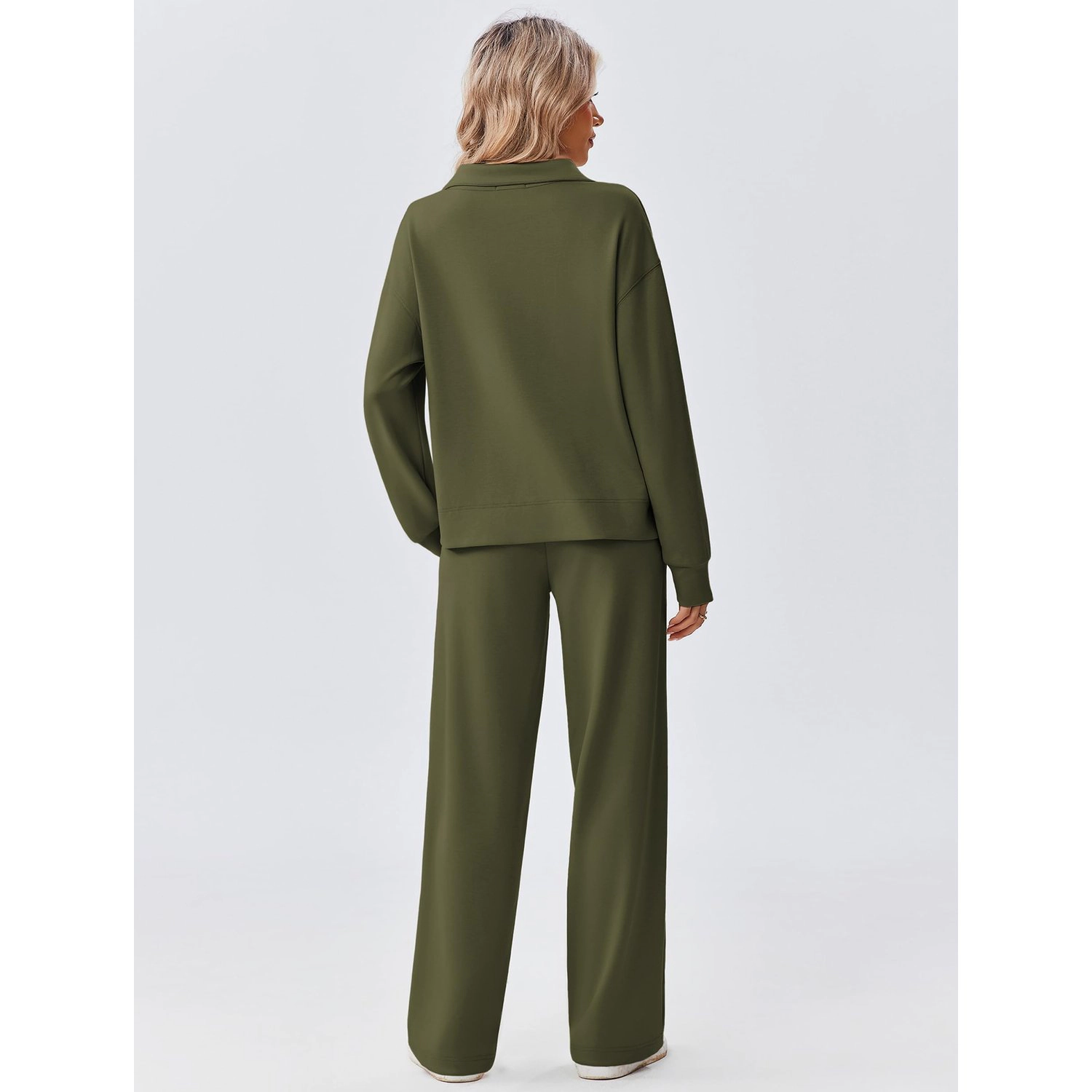 Pinspark Womens Half Zip Collared Long Sleeve Top Wide Leg Pants 2 Piece Casual Sets