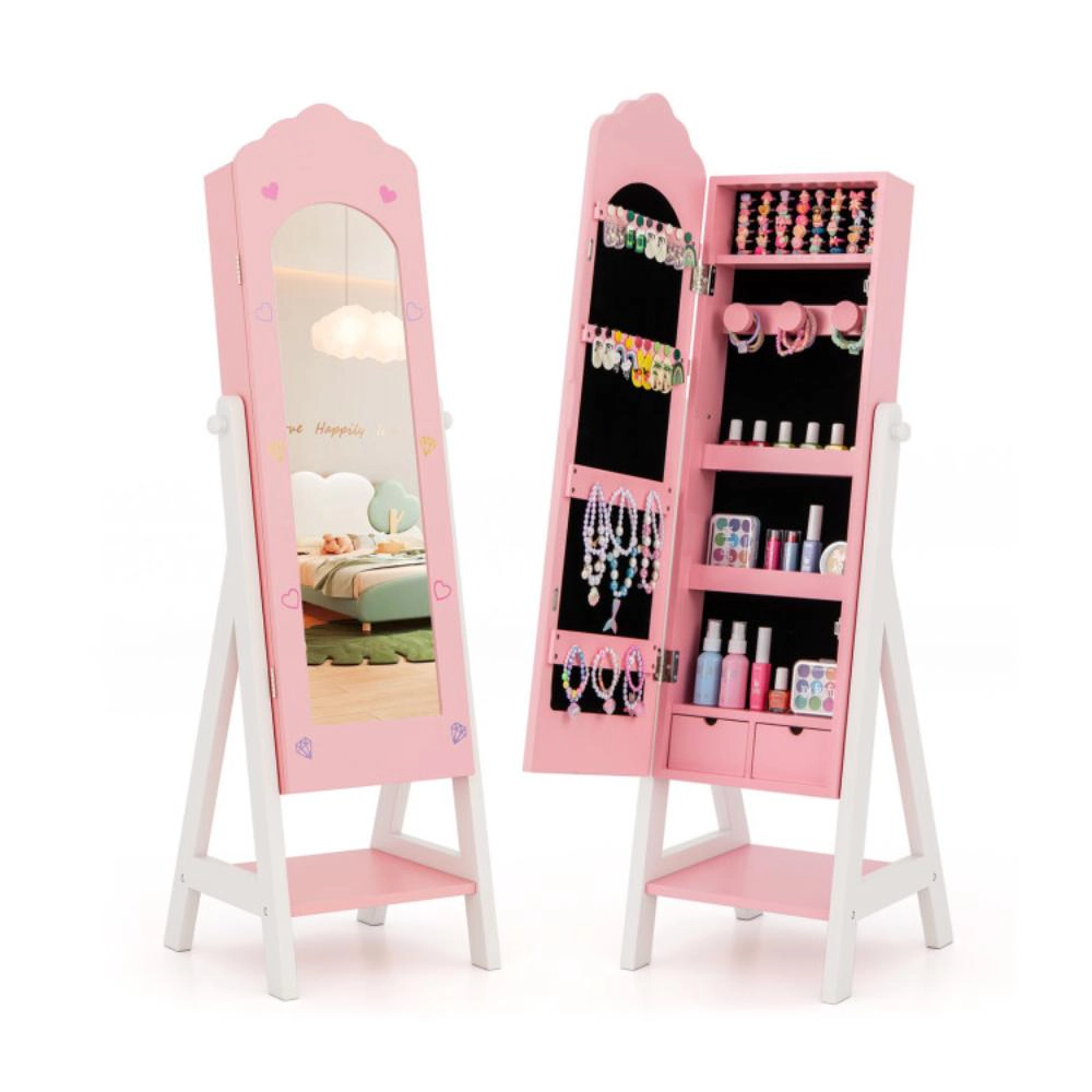 Hivvago Kids Jewelry Organizer With Full Length Mirror Drawers And Storage Shelves