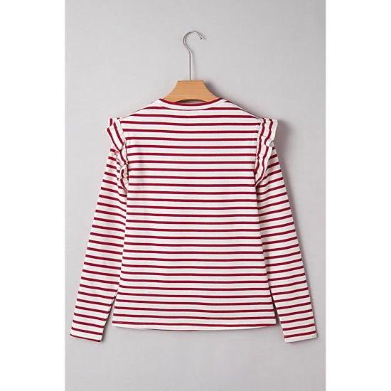 Threaded Pear Women's Meilani Stripe Ruffle Trim Long Sleeve Top