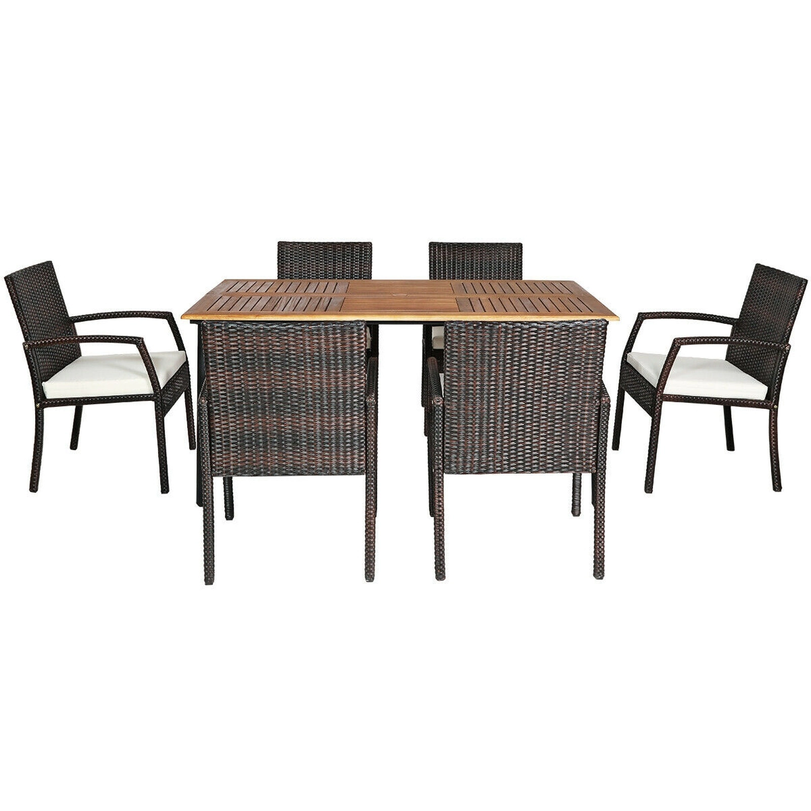 SUGIFT 7-Piece White PE Wicker Patio Dining Set, 63-Inch Table, 6 Cushioned Armchairs