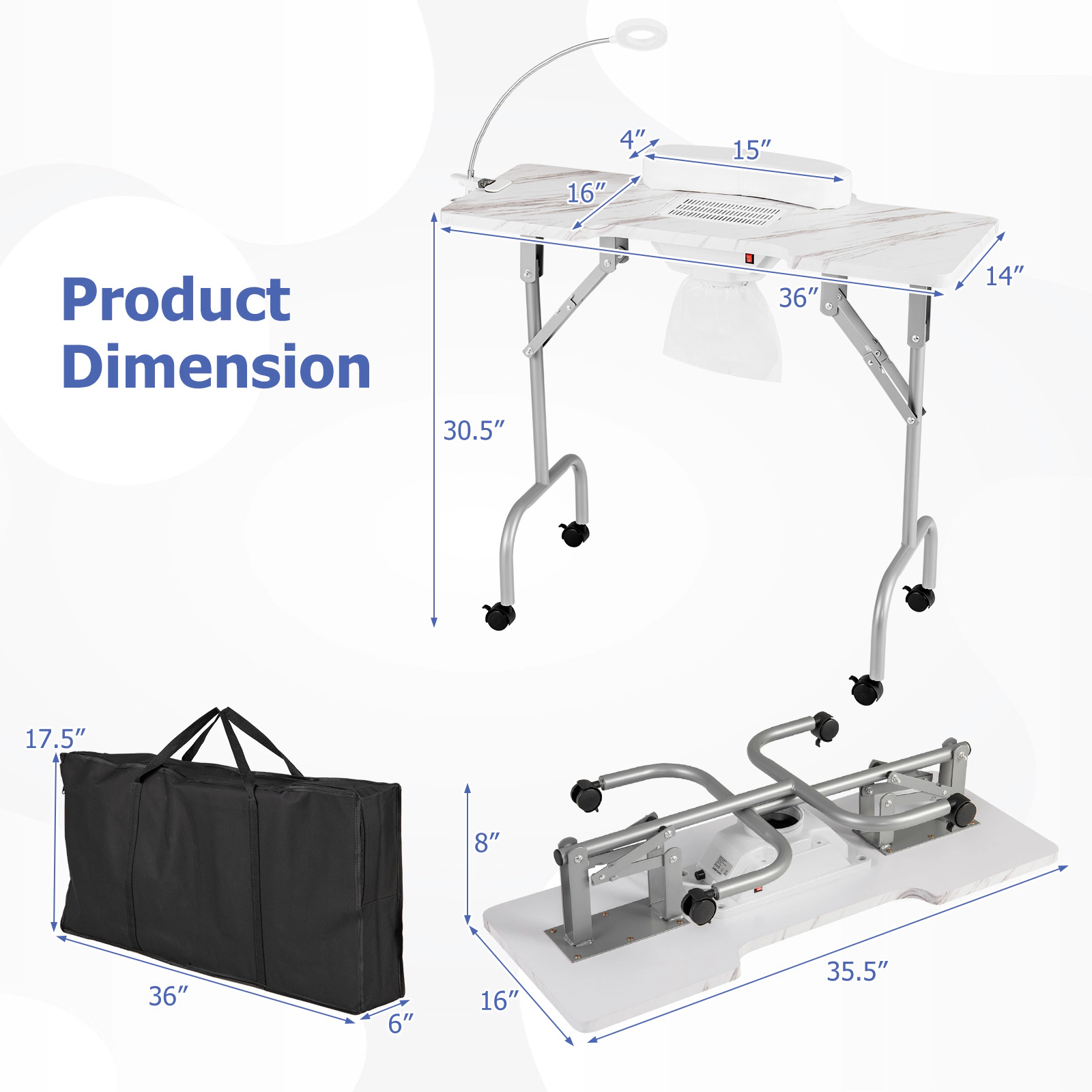 SUGIFT 66-lb Capacity Folding Manicure Table with Electric Dust Collector 10-Level LED Lamp and Carrying Bag