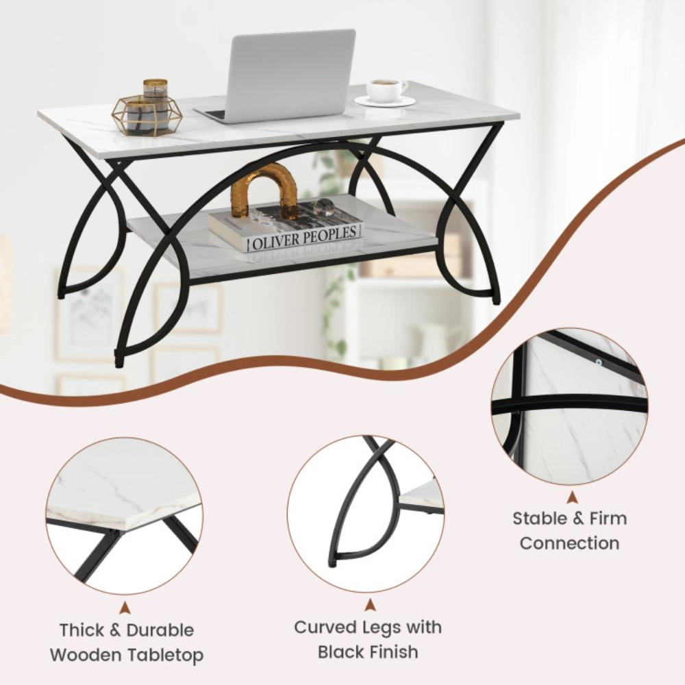 Hivvago 2-Tier Faux Marble Coffee Table With Marble Top And Metal Frame-Black & White