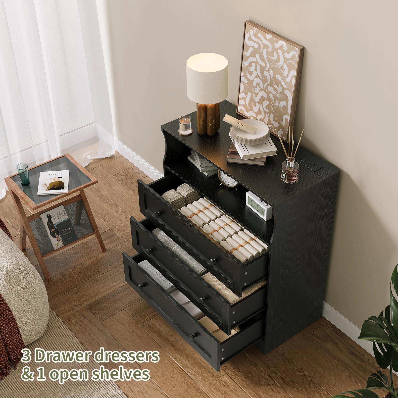 37.2" 3 Drawer Dresser with LED Lights & Charging Station, Wood Storage Chest Open Shelf