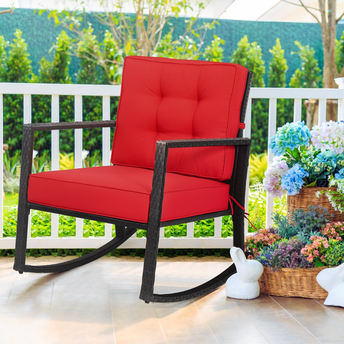 SUGIFT Patio Rattan Outdoor Rocking Glider Chair with Cushions 360-Lb Capacity 20-in Seat Height Single Chair Red