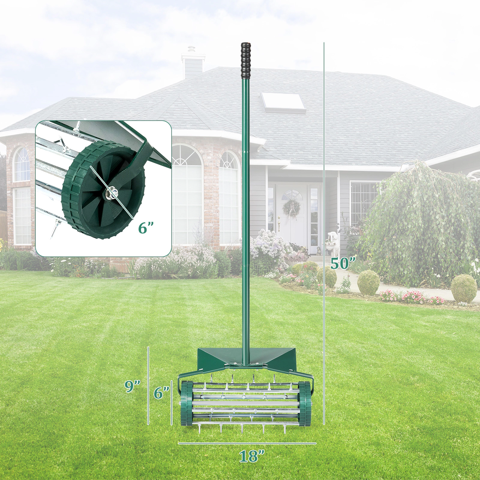 SUGIFT 18-in Rolling Lawn Aerator Spike Roller with 1.2-in Nails Splash Guard and Rubber Grip Handle