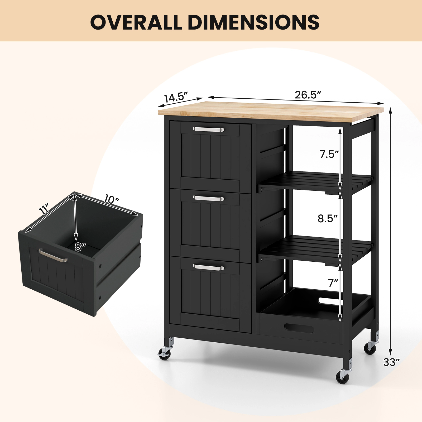 SUGIFT Rolling Kitchen Island Utility Storage Cart with 3 Large Drawers and Open Shelves 44-lb Countertop Capacity Black