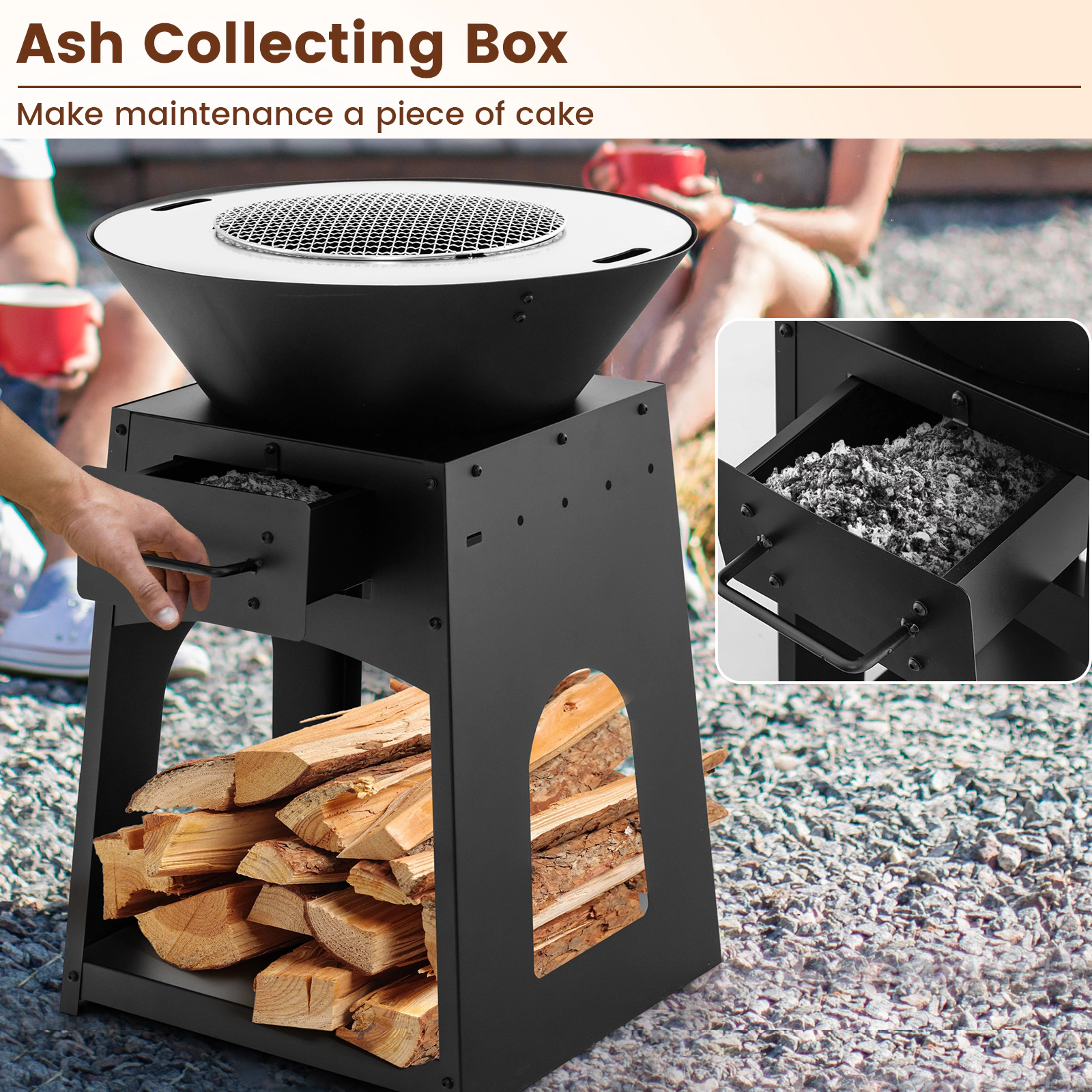 SUGIFT 23-In Wood-Burning Outdoor Fire Pit with Grill, Log Rack, Ash Box and Poker