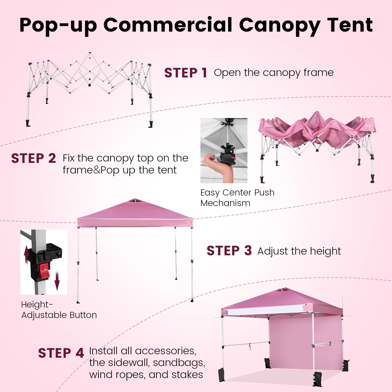 SUGIFT Pink Commercial Pop Up Canopy Tent with Roller Bag and Detachable Sidewall 10-ft W 10-ft D 8.9-ft H
