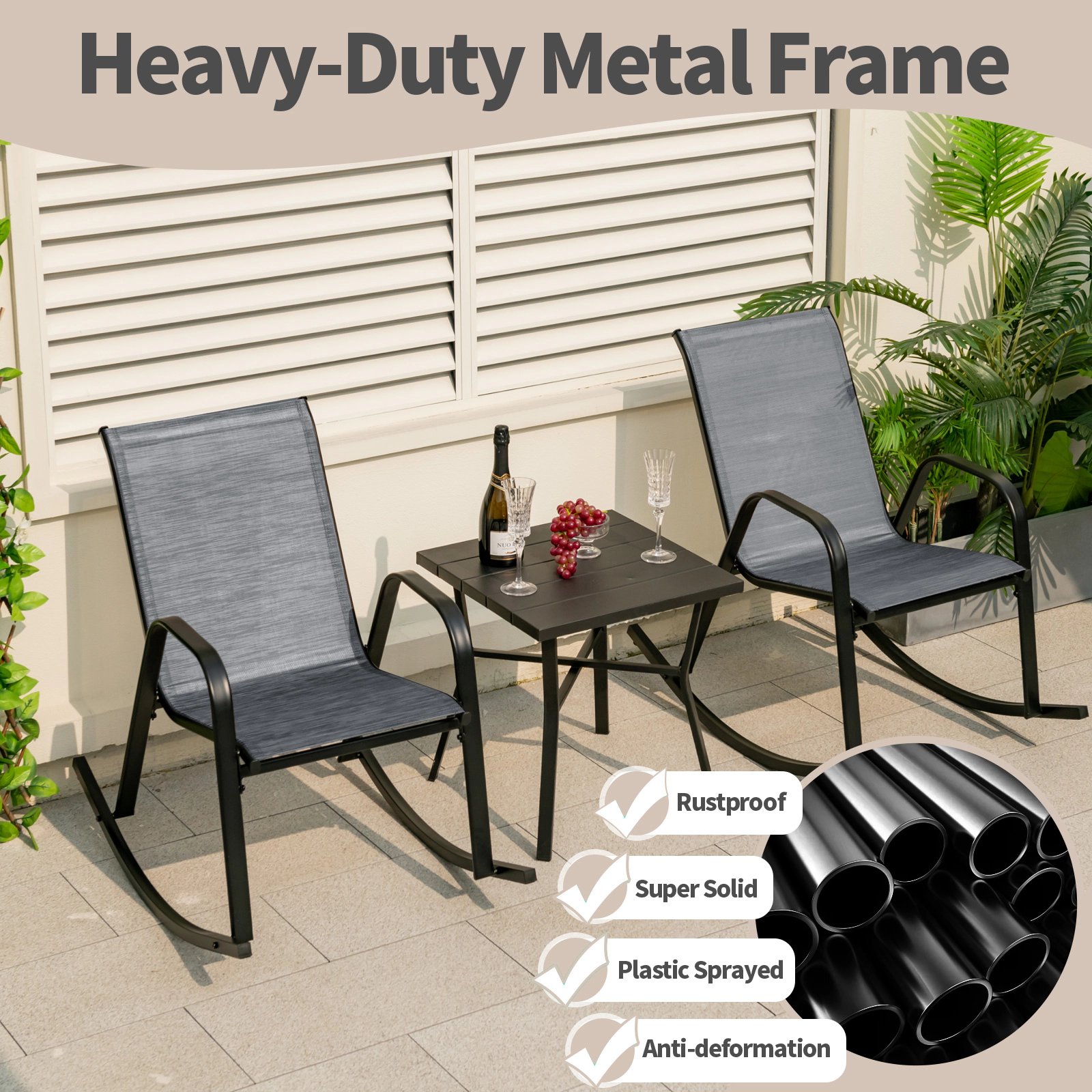 SUGIFT Gray Breathable Seat Fabric Set of 2 Metal Patio Rocking Chairs