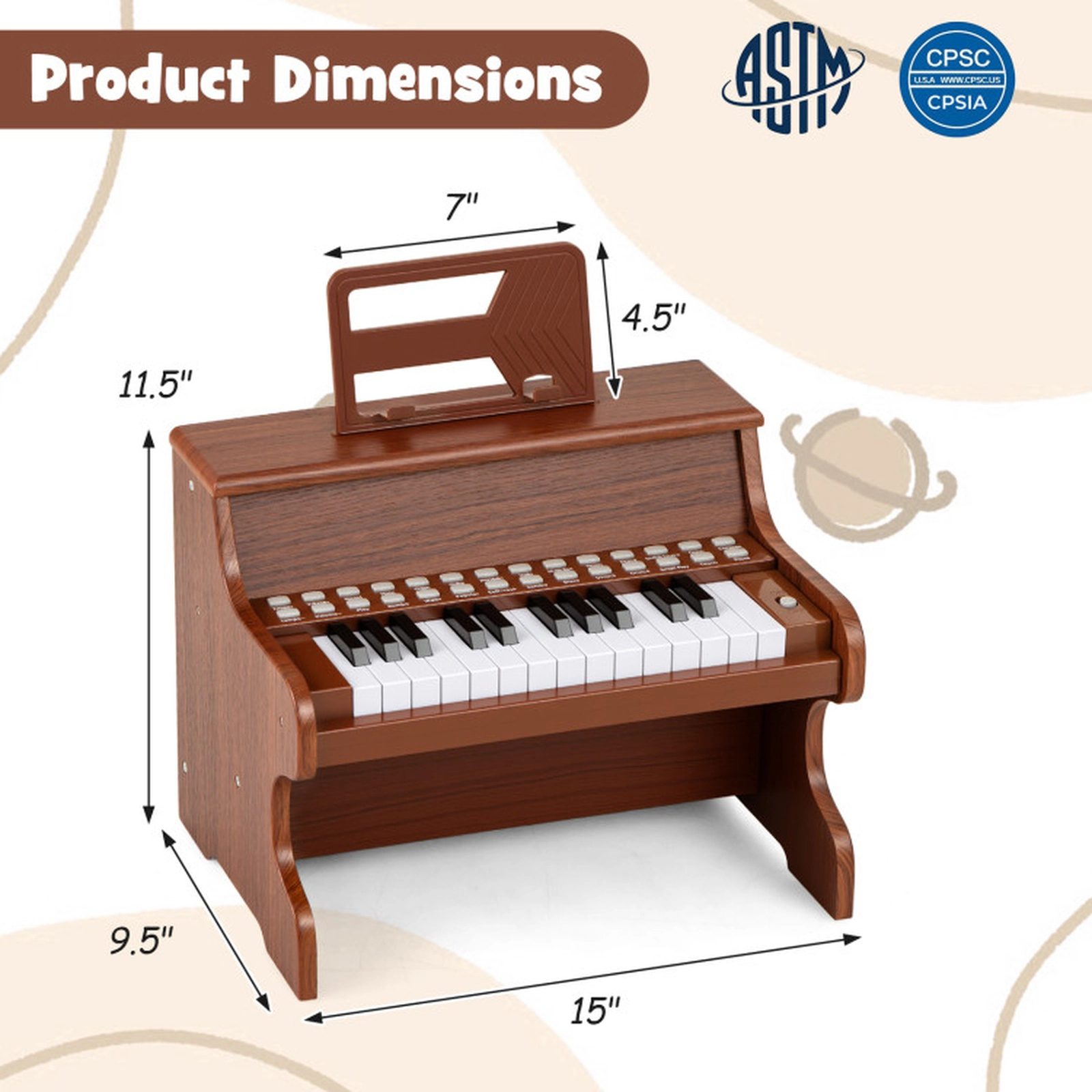 SUGIFT Kids Brown 25-Key Upright Toy Piano with Teaching Mode and Music Stand 15-in W 9.5-in D 11.5-in H Ages 3+