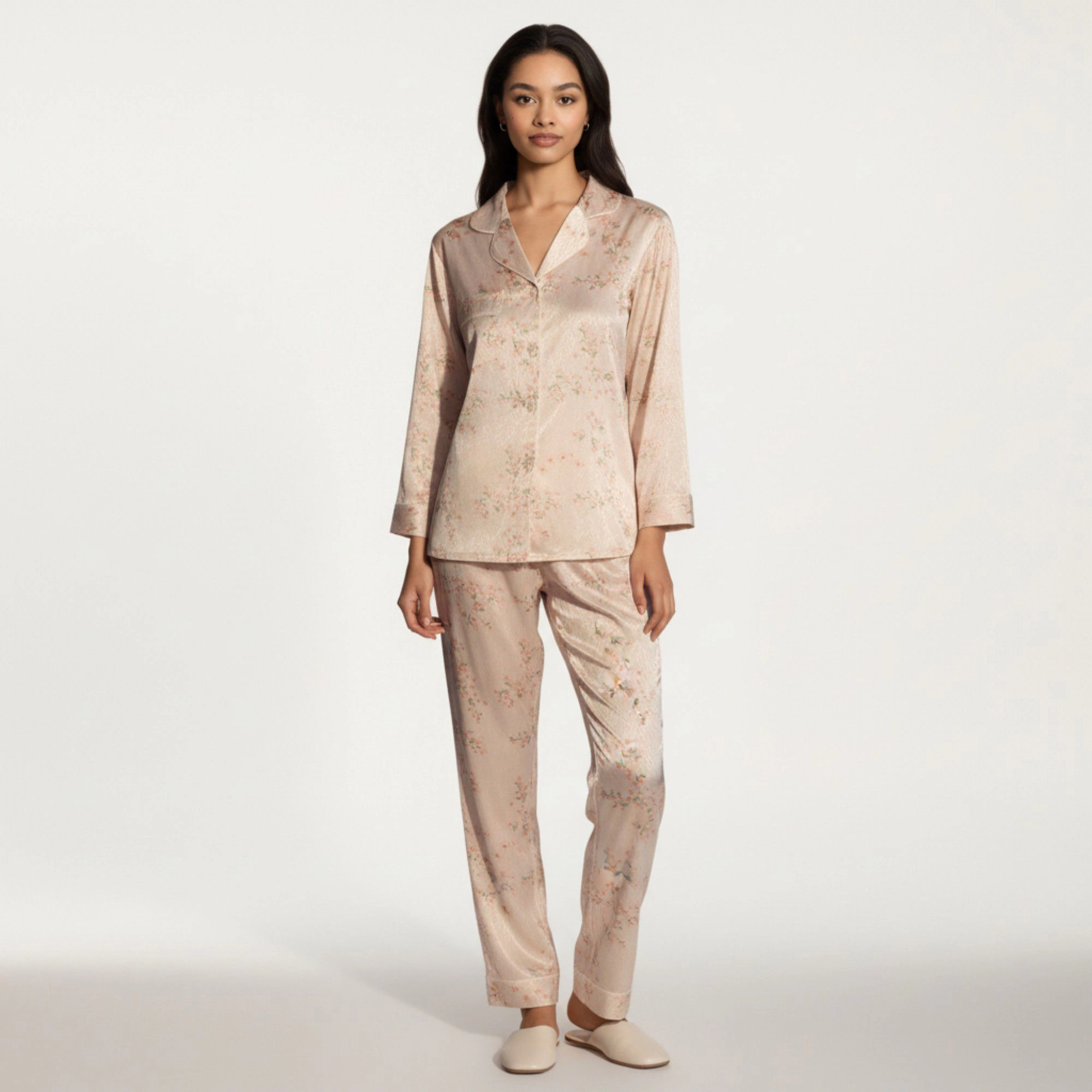Anna-Kaci Women's 2-Piece Floral Satin Pajama Top and Relaxed Fit Pants with Smooth Finish Soft Collar Detail