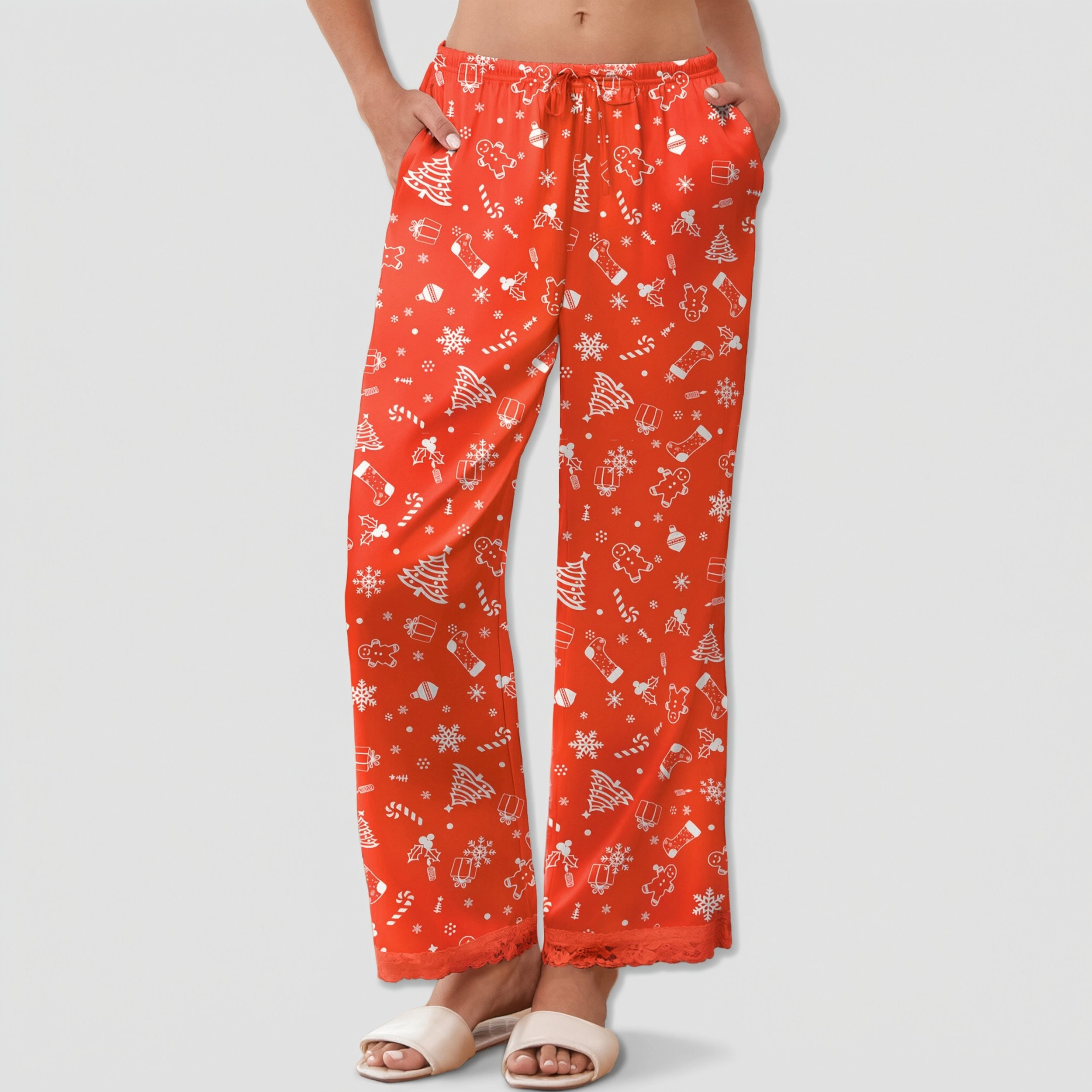 Ekouaer Womens Silk Satin Pajama Pants Sleep Pocketed Elastic Waist Wide Leg Bottoms
