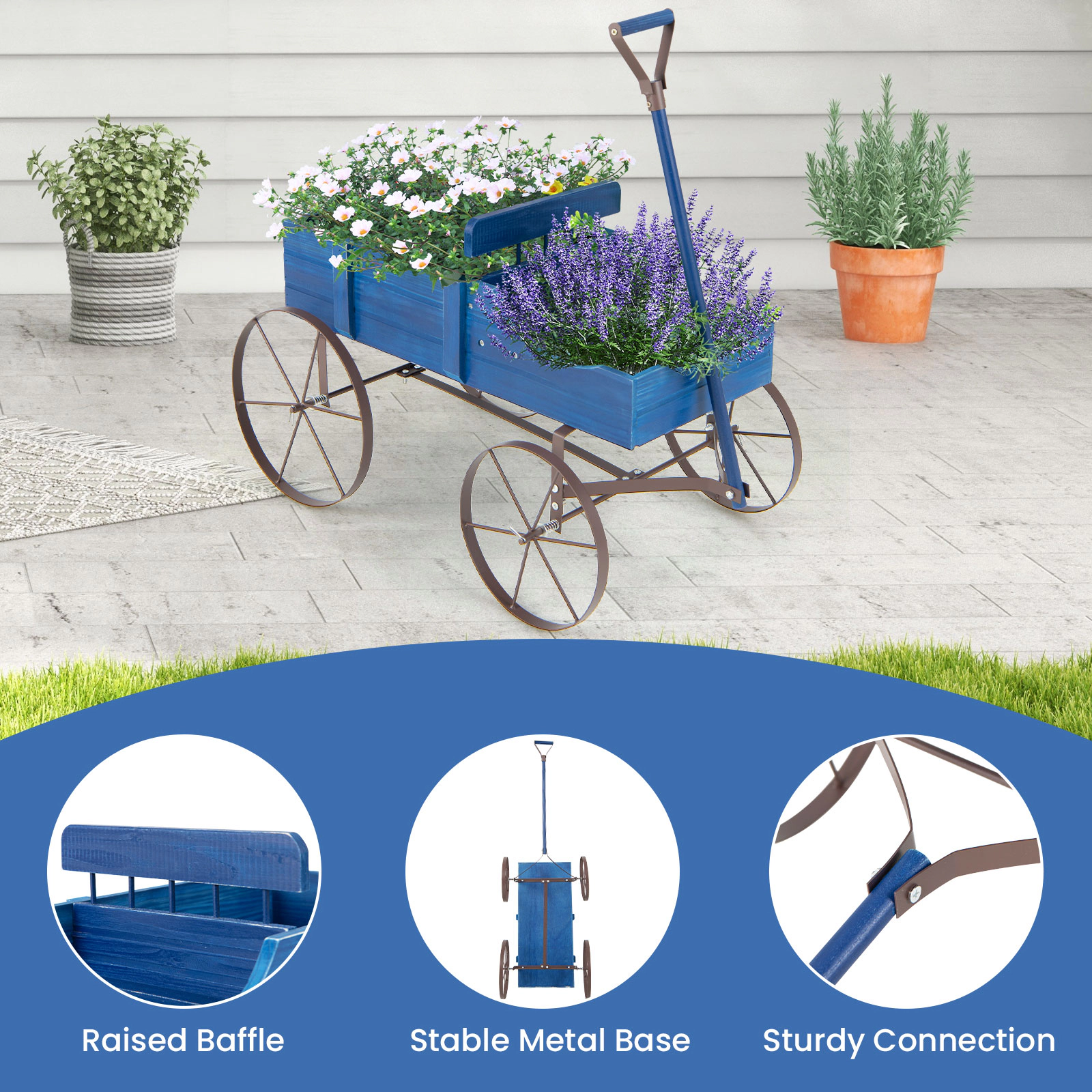 Hivvago Wooden Wagon Plant Bed With Wheel for Garden Yard