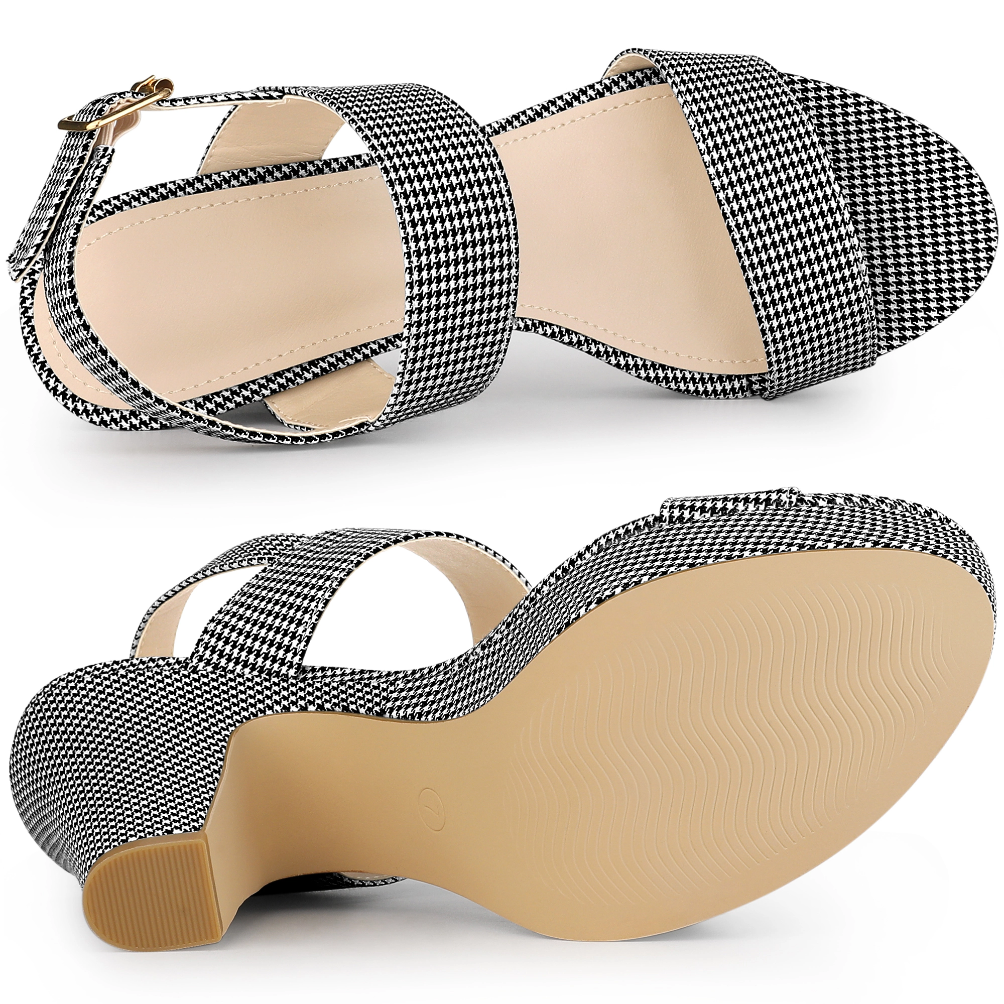 BLISSFUL STEP Women's Houndstooth Plaid Print Platform Chunky Heel Sandals