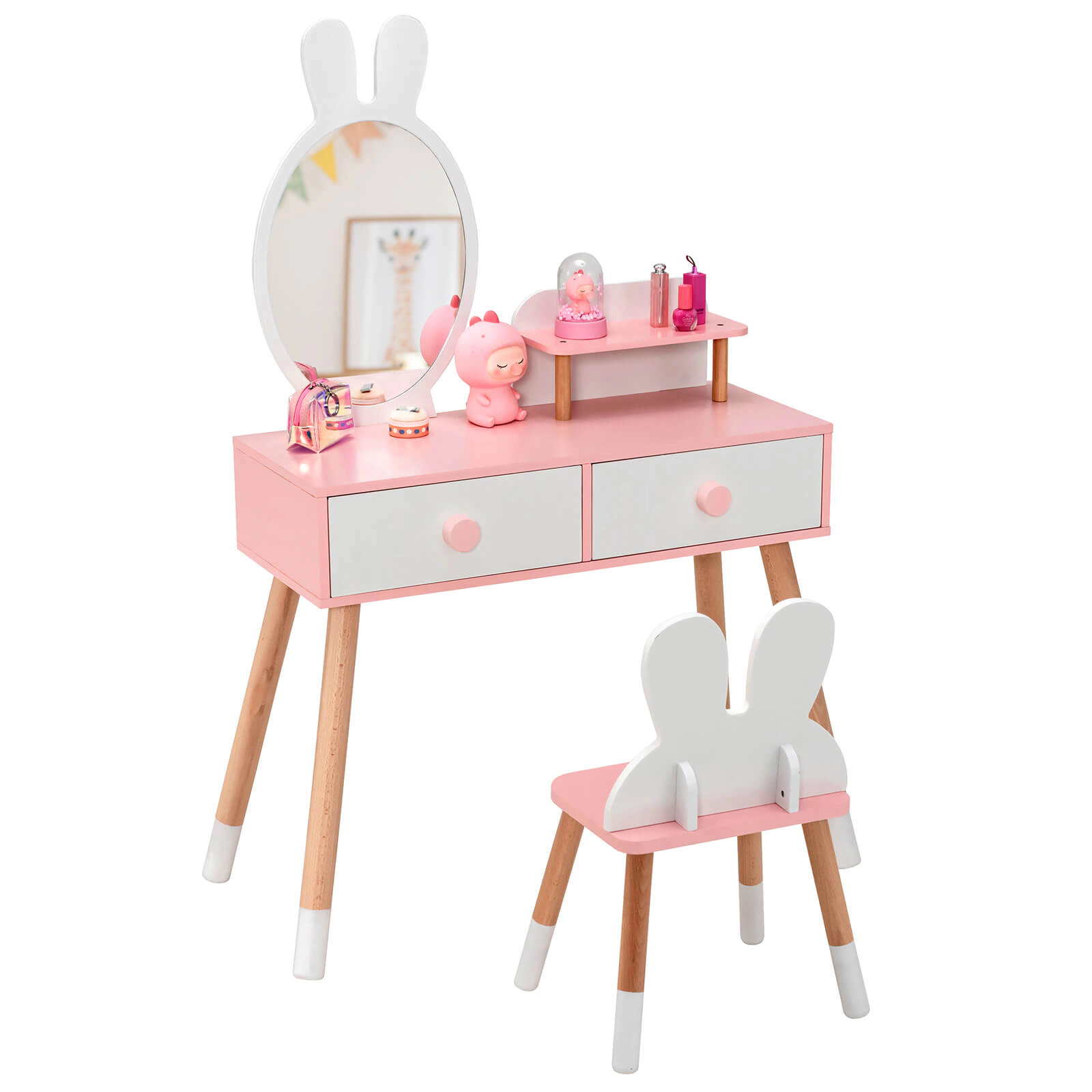 SUGIFT Kids Vanity Set with Rabbit Mirror, Storage Shelf and Backrest Chair