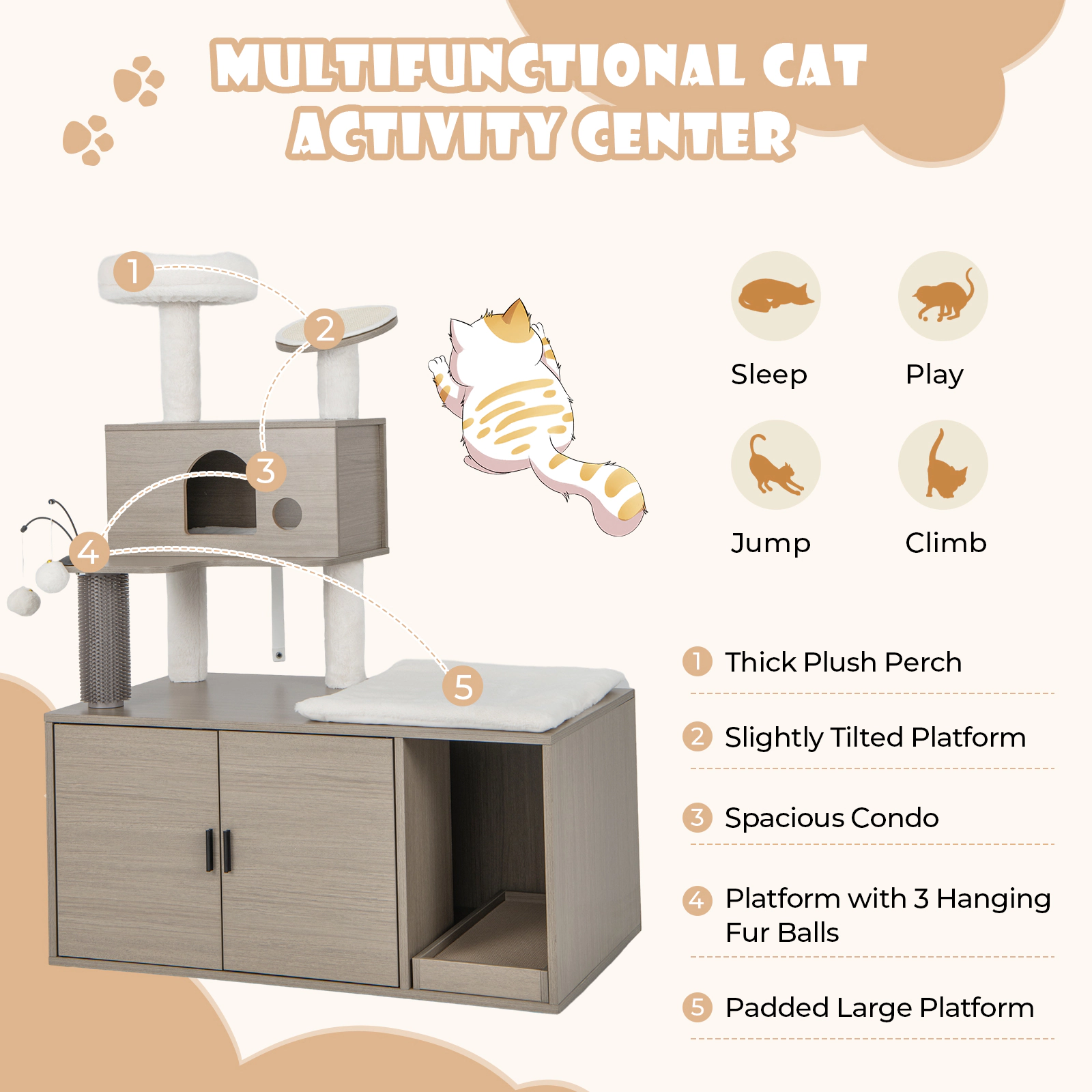 SUGIFT 2-in-1 Cat Tower Gray with Litter Box Enclosure Condo and Scratching Board