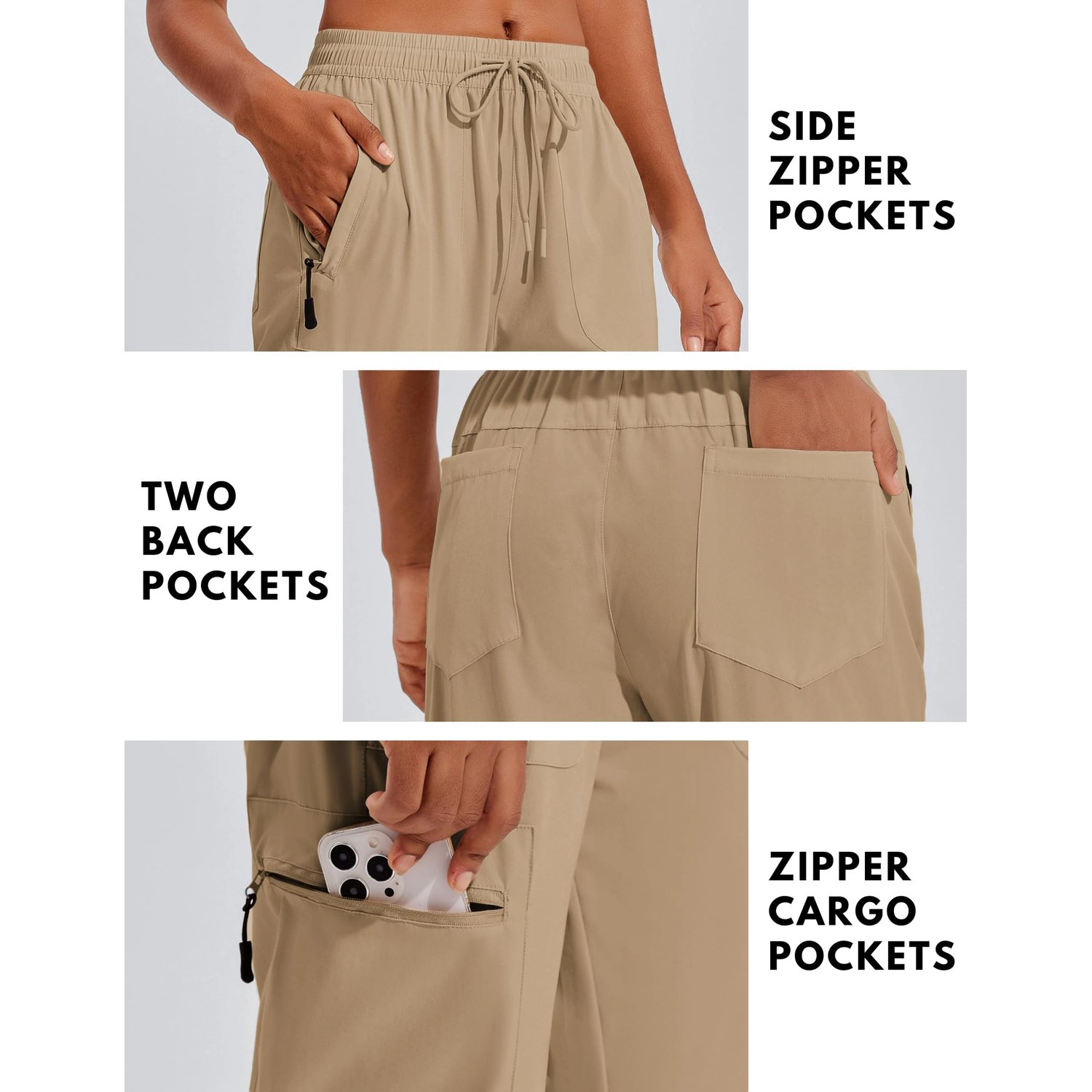 Pinspark Womens High Waist Cargo Pants Drawstring Zip Pockets Straight Leg Trousers
