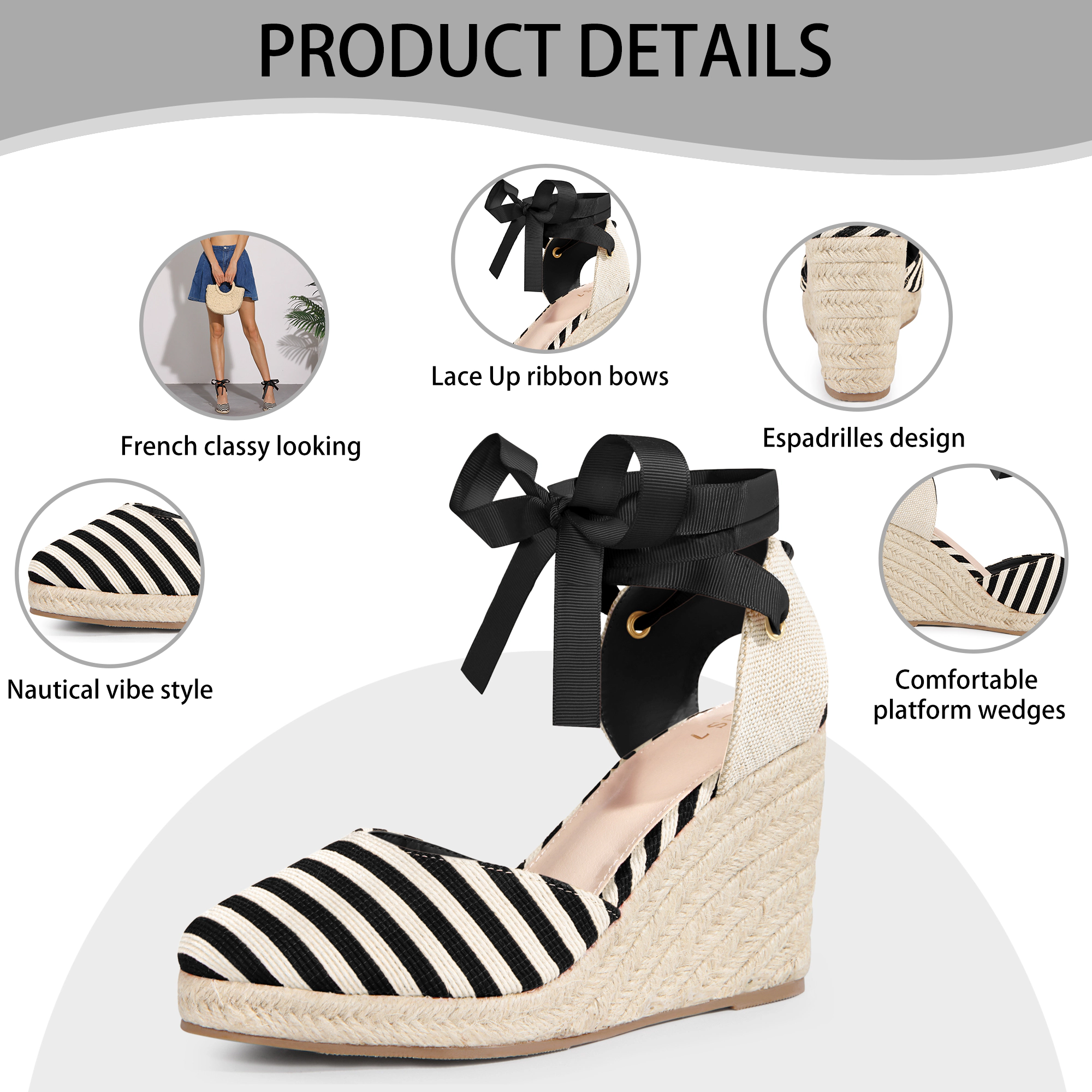 BLISSFUL STEP Women's Stripe Lace Up Low Platform Wedge Espadrilles Sandals
