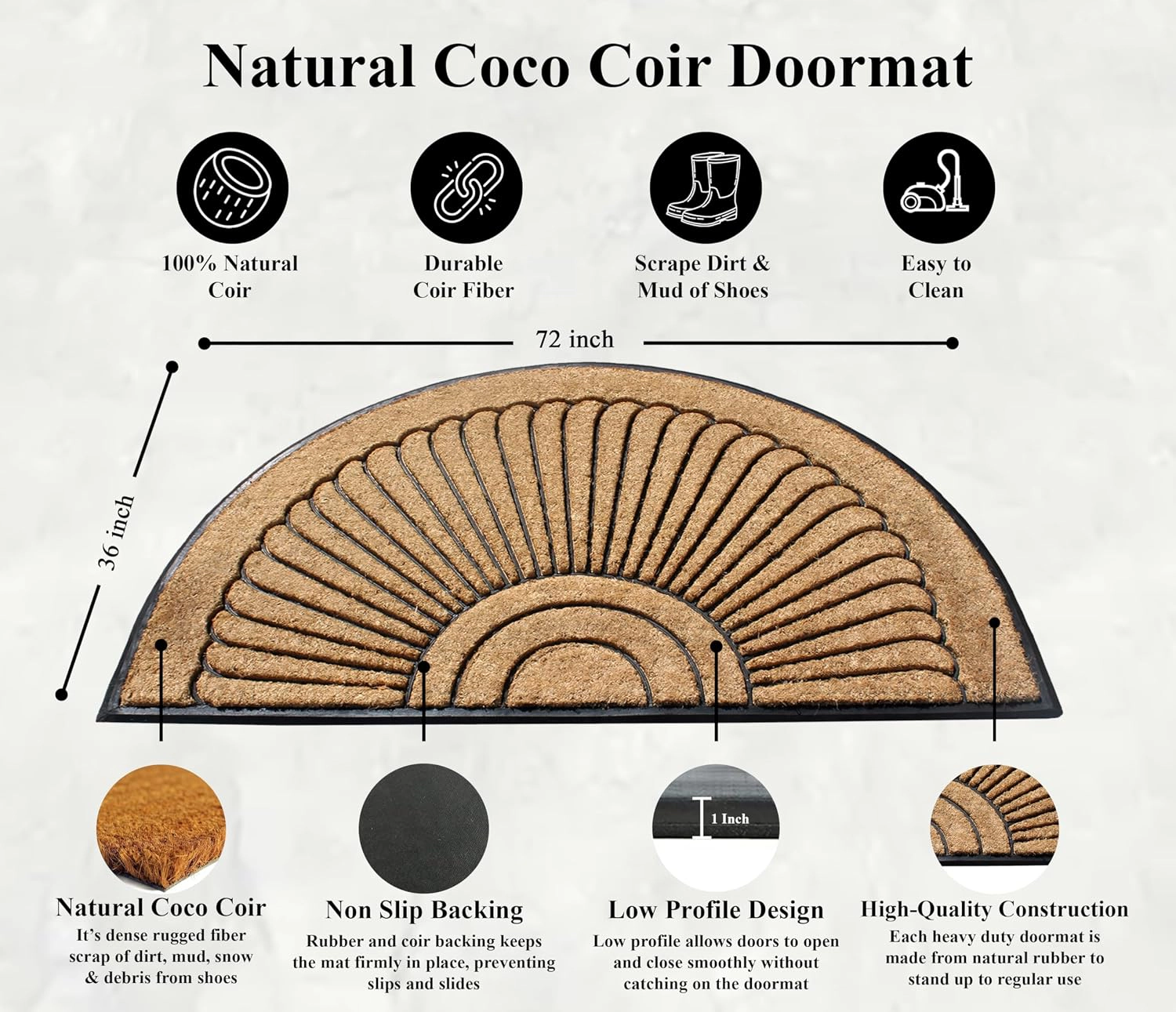 A1HC Half-Round Coir Door Mat 36x72 Inches Heavy Duty Non-Slip Durable Sunburst Semicircle