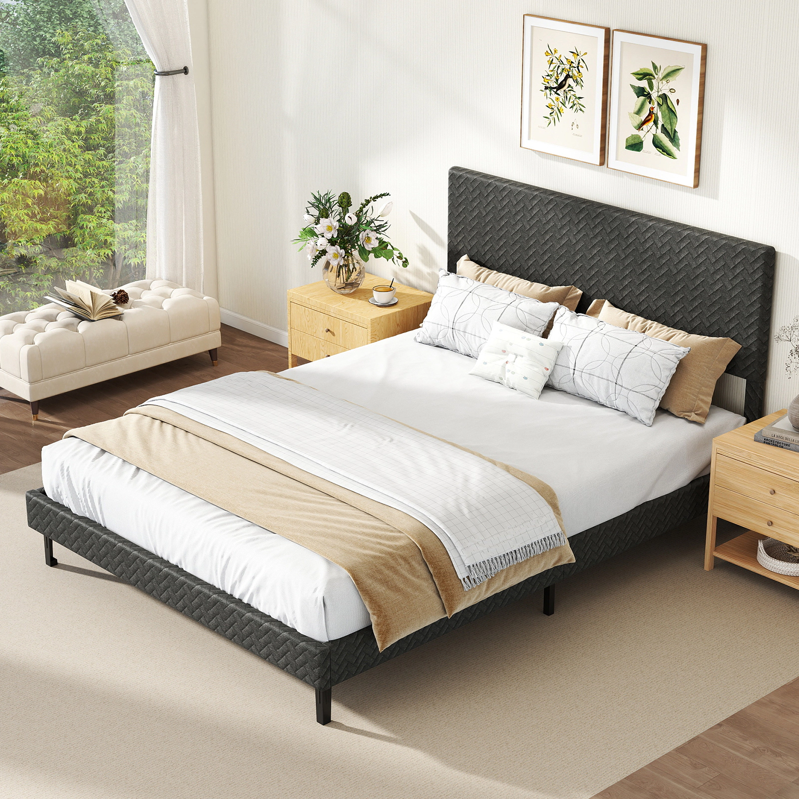 LJG Twin/Full/Queen Size Velvet Bed Frame Upholstered Platform Bed with Chevron Headboard Gray