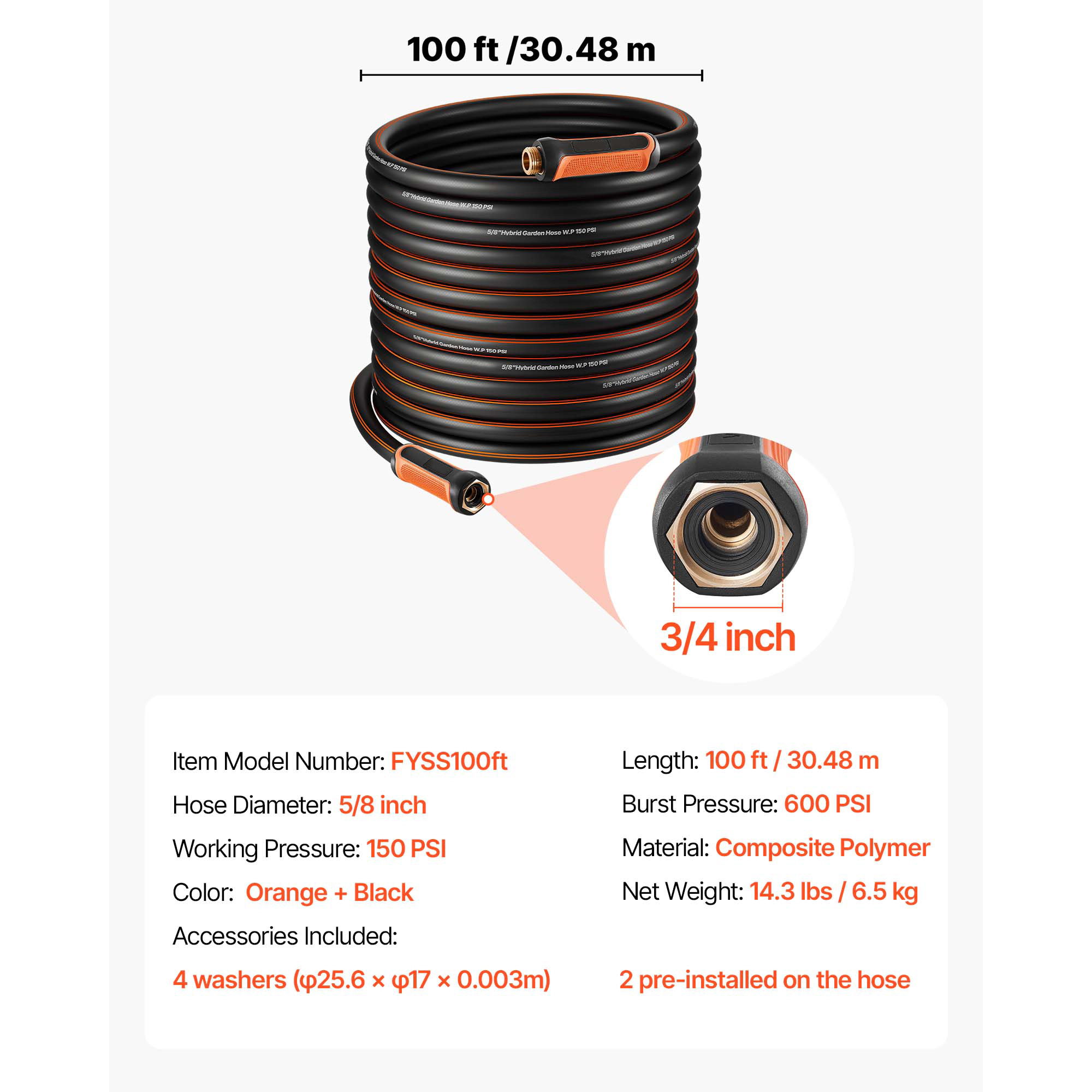 HONGGE 100 ft Heavy Duty Rubber Garden Hose, 5/8 in Kink-Free, 150 PSI Working / 600 PSI Burst, 3/4 in Fitting