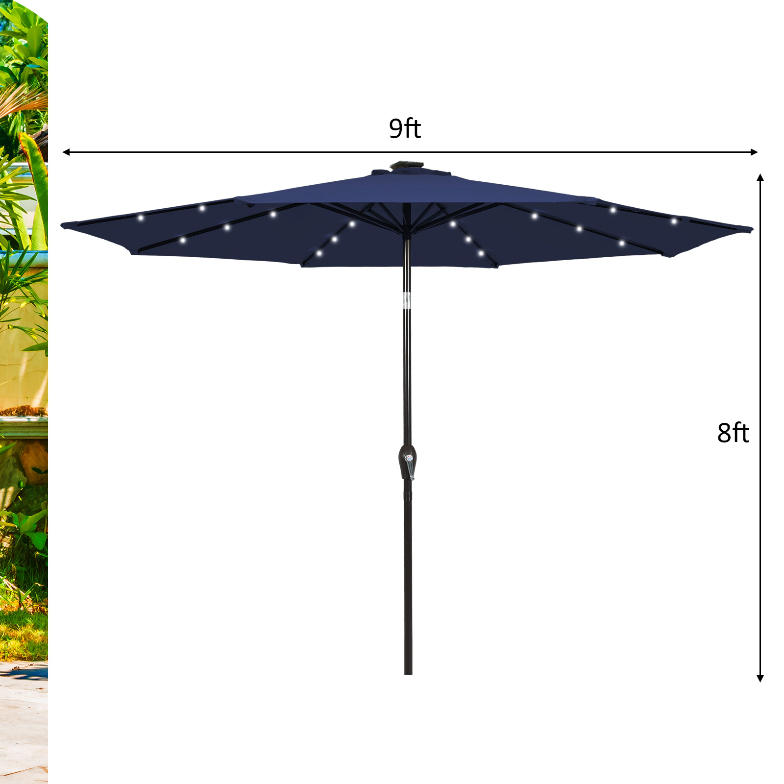 SUGIFT 9-ft Dark Blue Solar LED Market Patio Umbrella, Crank Lift and Push-Button Tilt