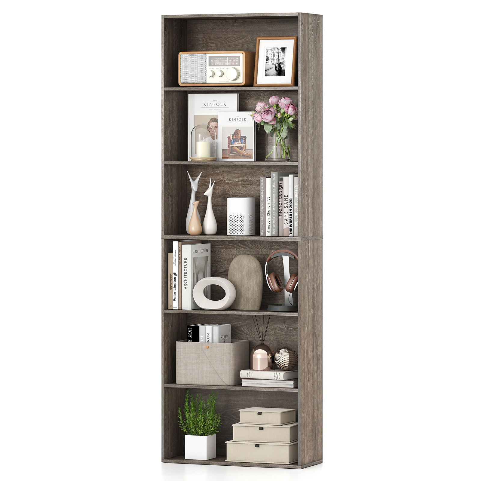SUGIFT 6-Tier Bookcase with 6 Open Shelves 200-lb Total Capacity Black/White/Rustic Brown/Natural/Wood