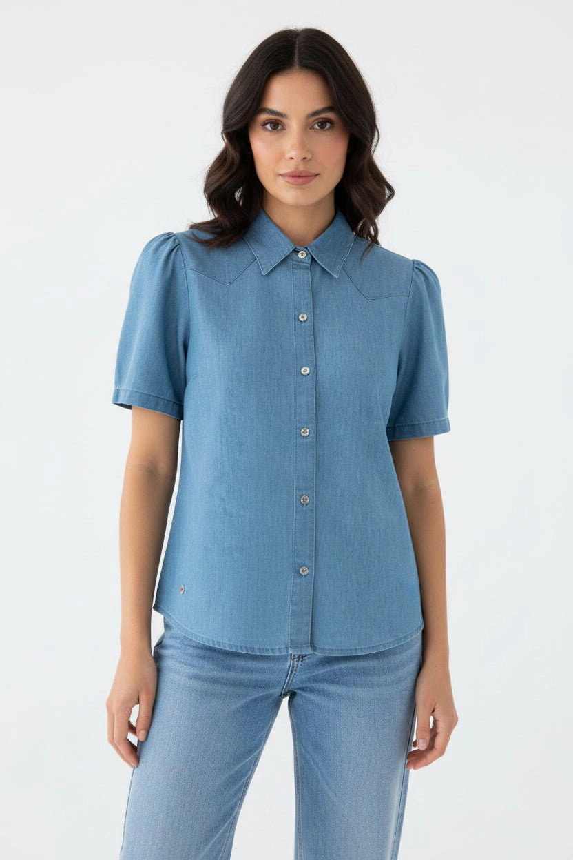 DressAtR Women's Light Blue Denim Half Sleeve Collar Button Up Shirt