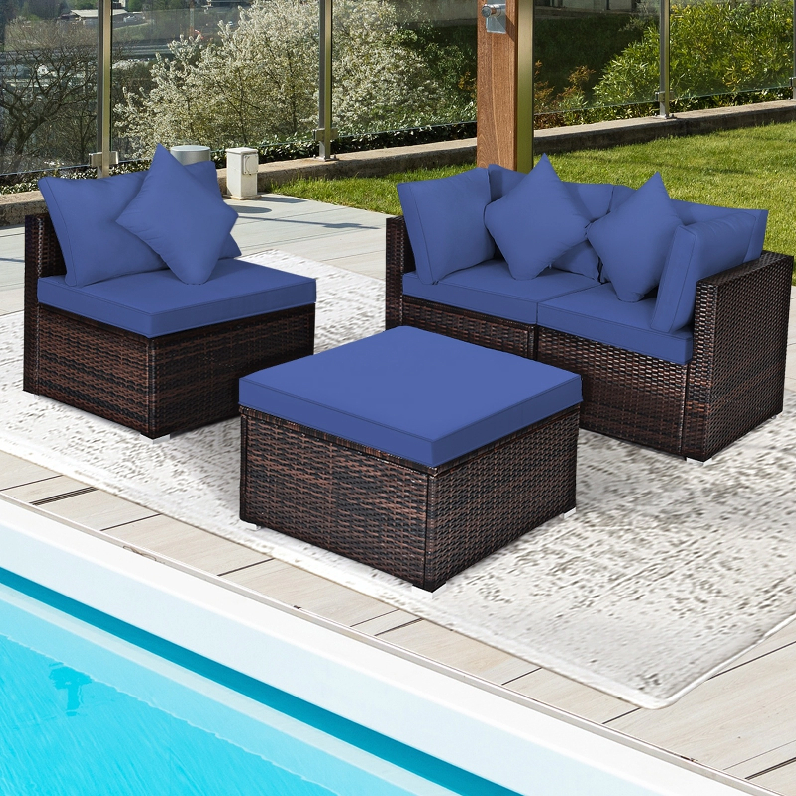 SUGIFT 4-Piece PE Rattan Wicker Patio Sectional Sofa Set Ottoman 360-lb Capacity Navy Cushions 4-in Thick Seat Cushions