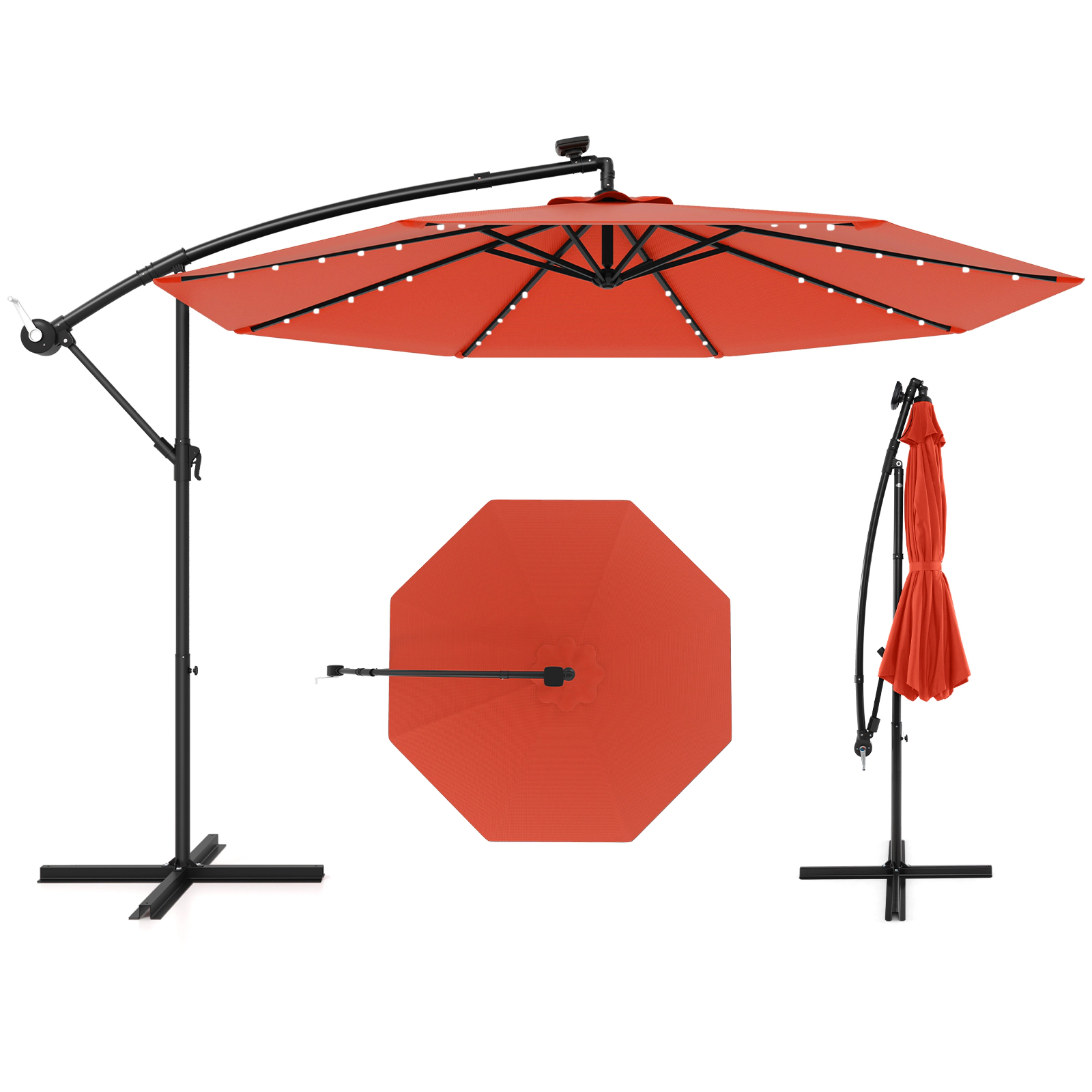 SUGIFT 10-ft Orange Solar LED Offset Patio Umbrella, 40 Lights, Manual Tilt, Crank Lift, Cross Base