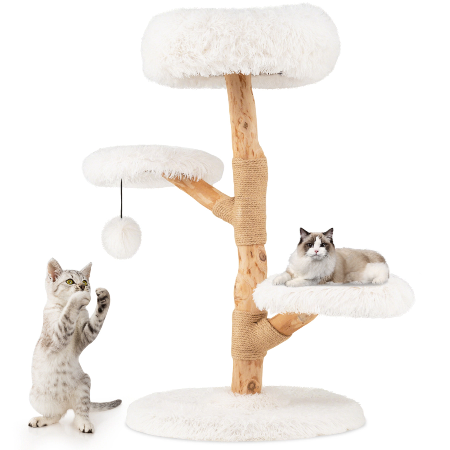 SUGIFT White Solid Pear Wood Cat Tree with 16 in Perch and Natural Jute Posts