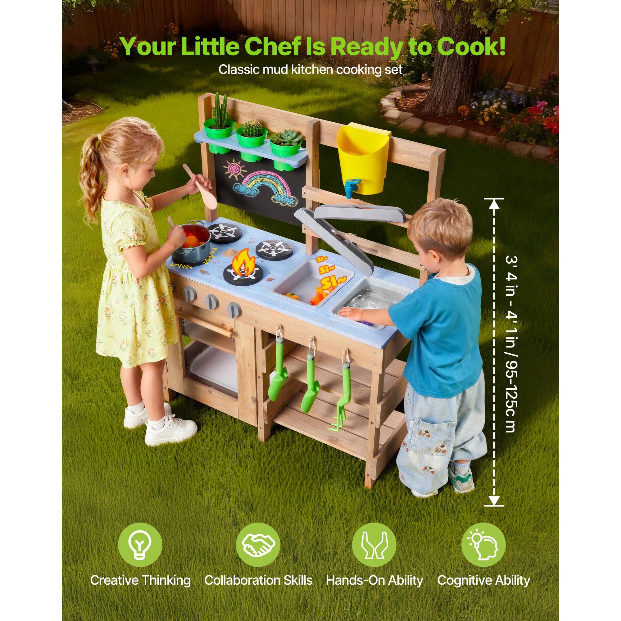HONGGE Mud Kitchen, Outdoor Kitchen for Kids, Wood Play Kitchens with Sink, Tank, Shovels