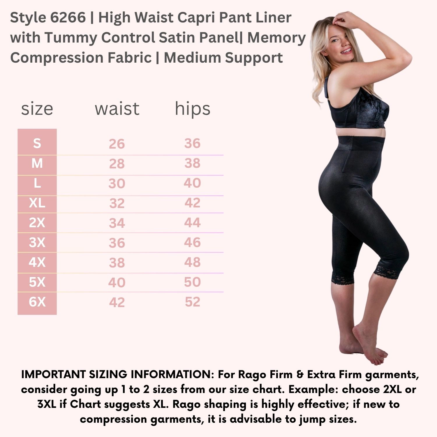 Rago High Waist Capri Pant Liner with Tummy Control Satin Panel| Memory Stretch Fabric
