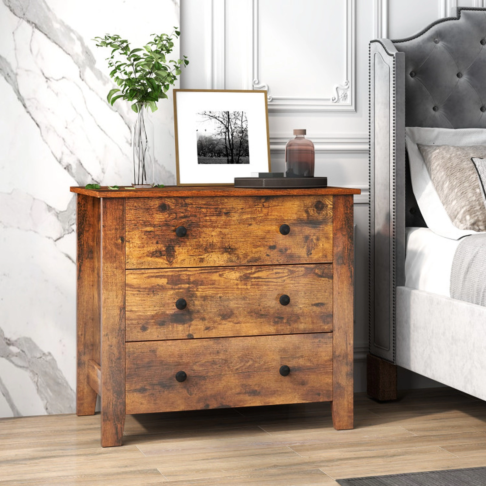 SUGIFT 3-Drawer MDF Dresser Chest of Drawers 28 x 18 x 26 in 220-Lb Capacity Bedside Table Rustic Brown
