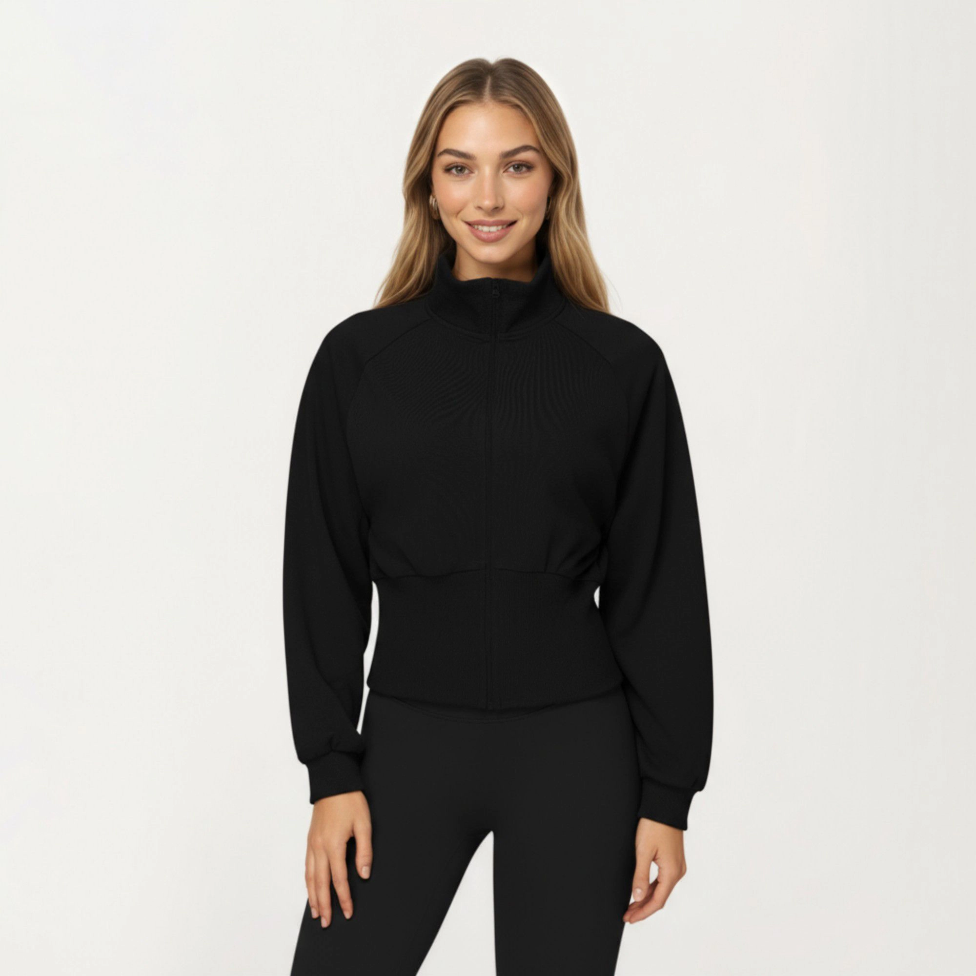 Anna-Kaci Women's High Neck Long Sleeve Zip-Up Jacket with Fitted Waistband and Soft Knit Fabric