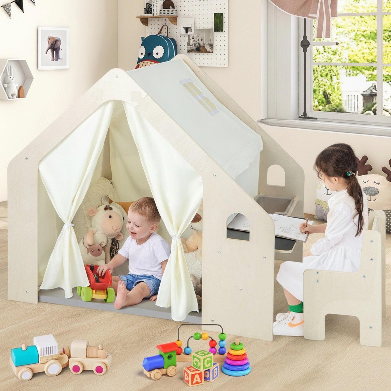 Toddler Play Tent Indoor Playhouse with Table Chair Chalkboard and Storage Bin 52-in x 38-in x 45-in Beige