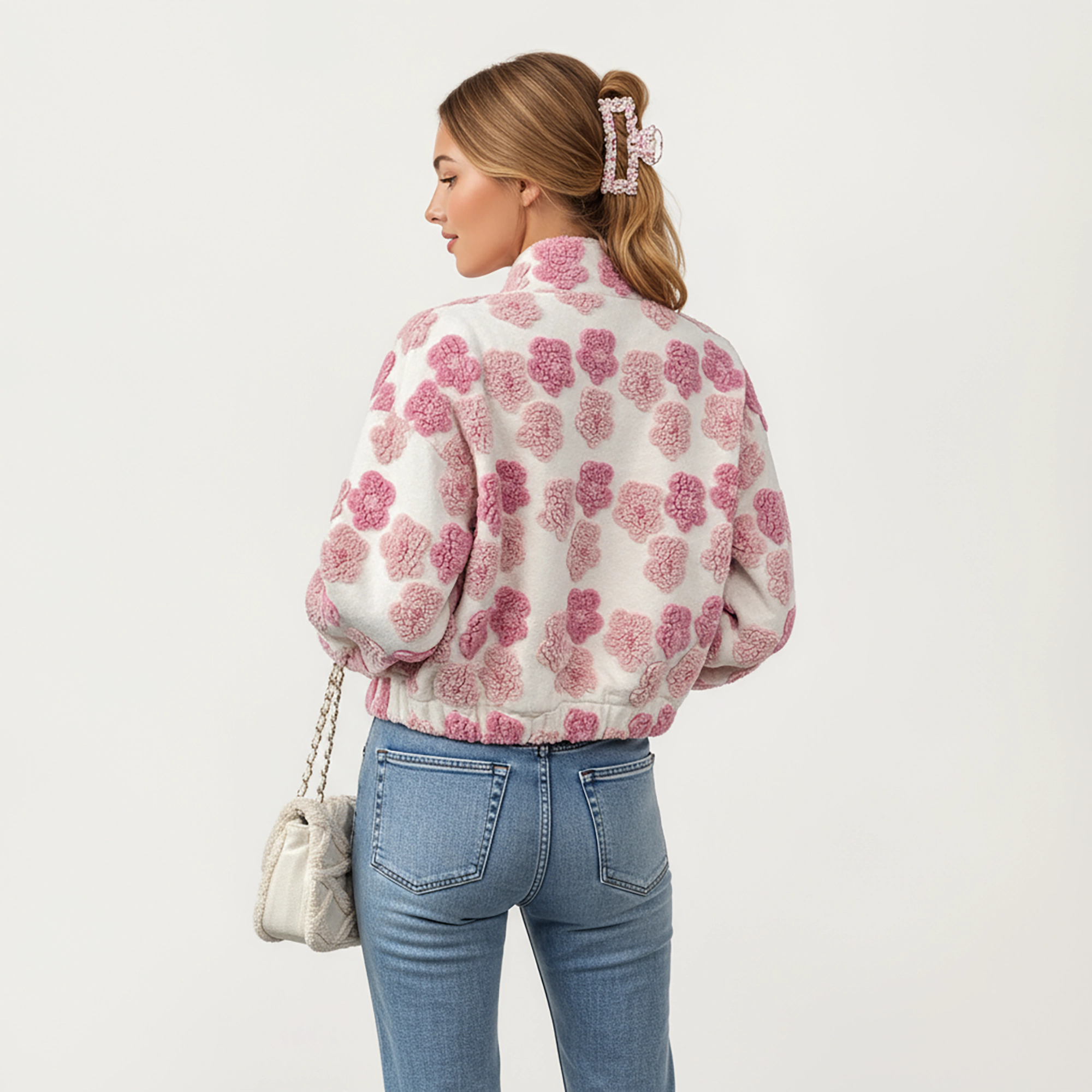 Anna-Kaci Women's Zip-Up Jacket with 3D Floral Pattern and Elastic Hem