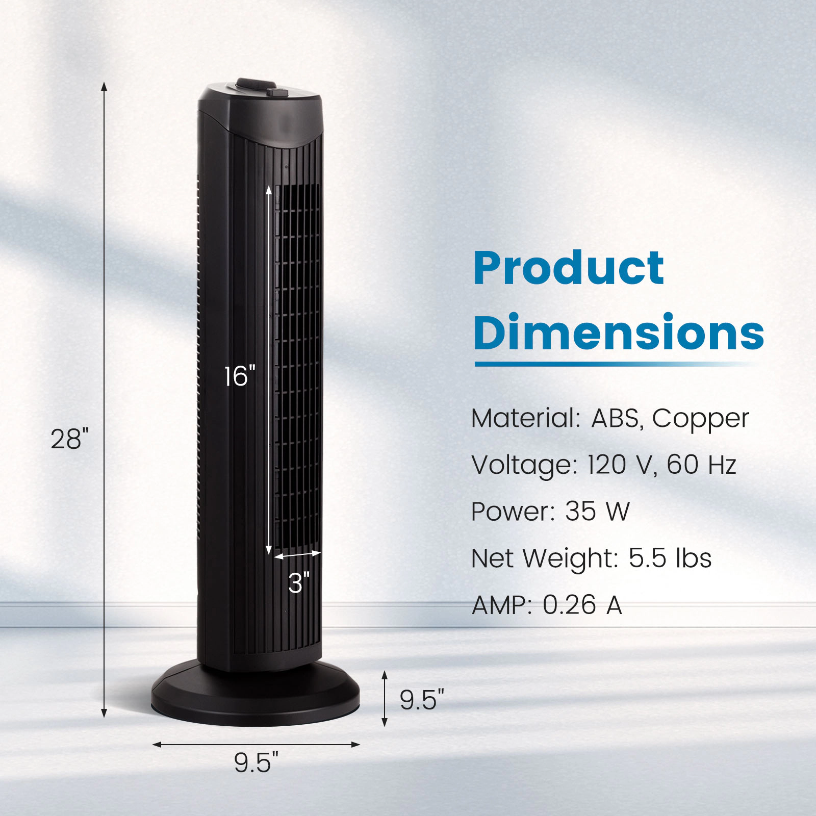 SlickBlue Portable Floor Tower Fan with 3-Speed Airflow for Home and Office