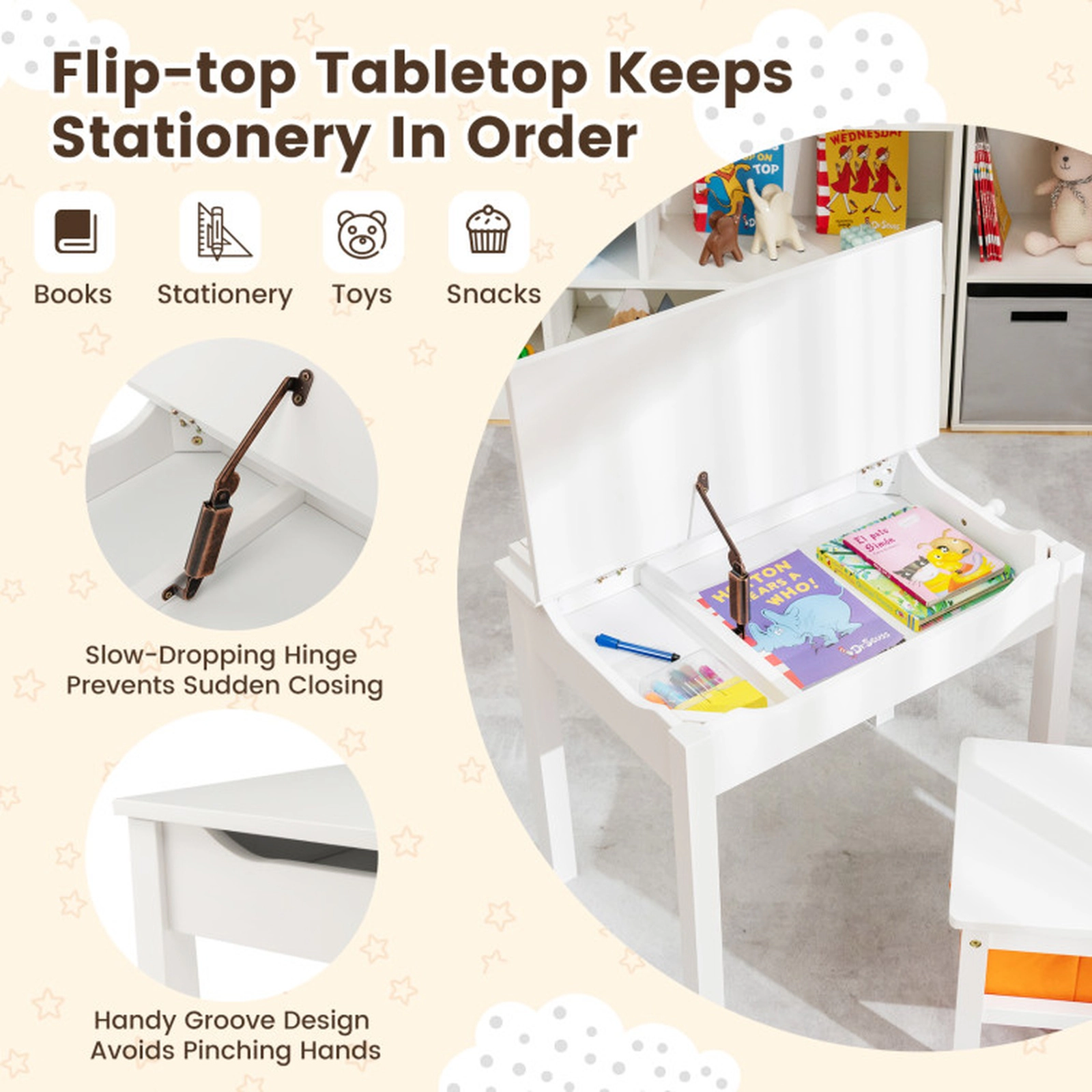 SUGIFT White Pine Wood Kids’ Activity Desk and Chair Set with Flip-Top Storage