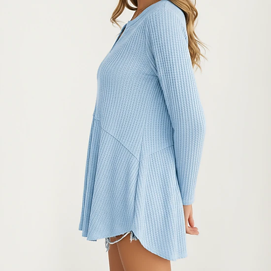Anna-Kaci Women's Waffle Knit Tunic Top with Split Neck and Relaxed Hem