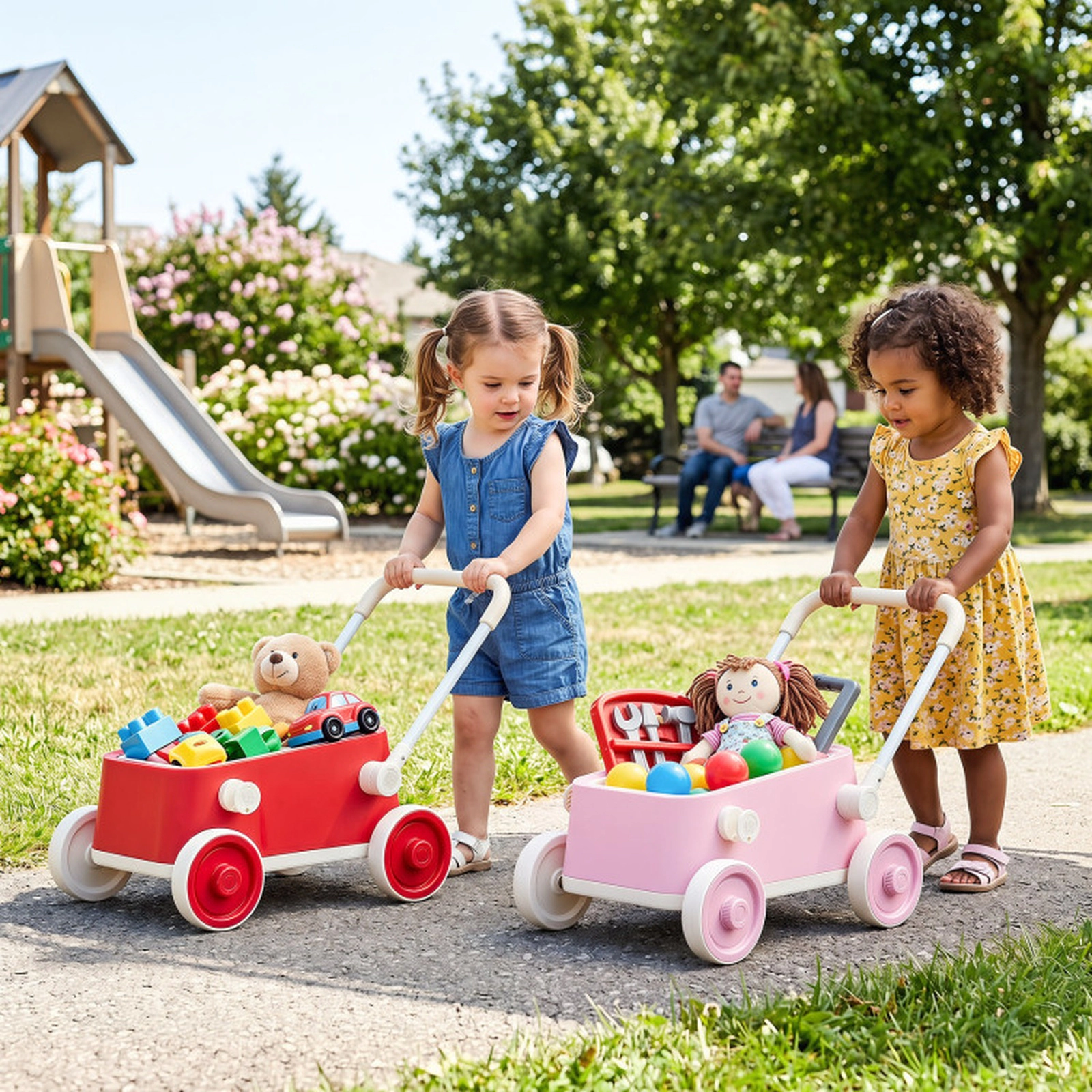 SUGIFT Baby Push Walker Wagon with Foldable Handlebar and Storage Basket 24.5-in Frame Ages 3-6 Years Pink