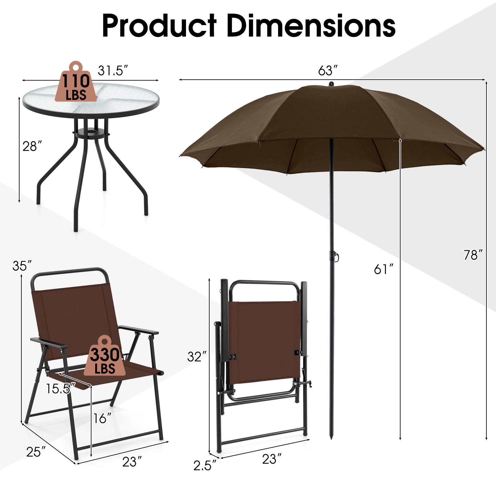 SUGIFT 6-Piece Patio Dining Set with Folding Chairs Glass Table 110-lb Table Capacity 71 x 78-in Umbrella Coffee