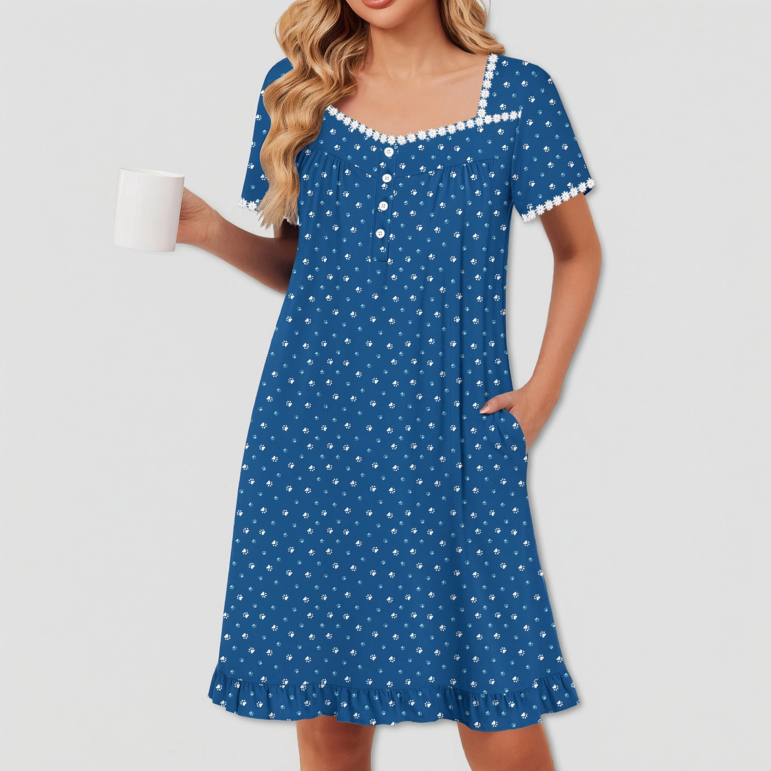 Ekouaer Nightgowns for Women Lace Trim Sleep Shirts Short Sleeve Night With Pockets