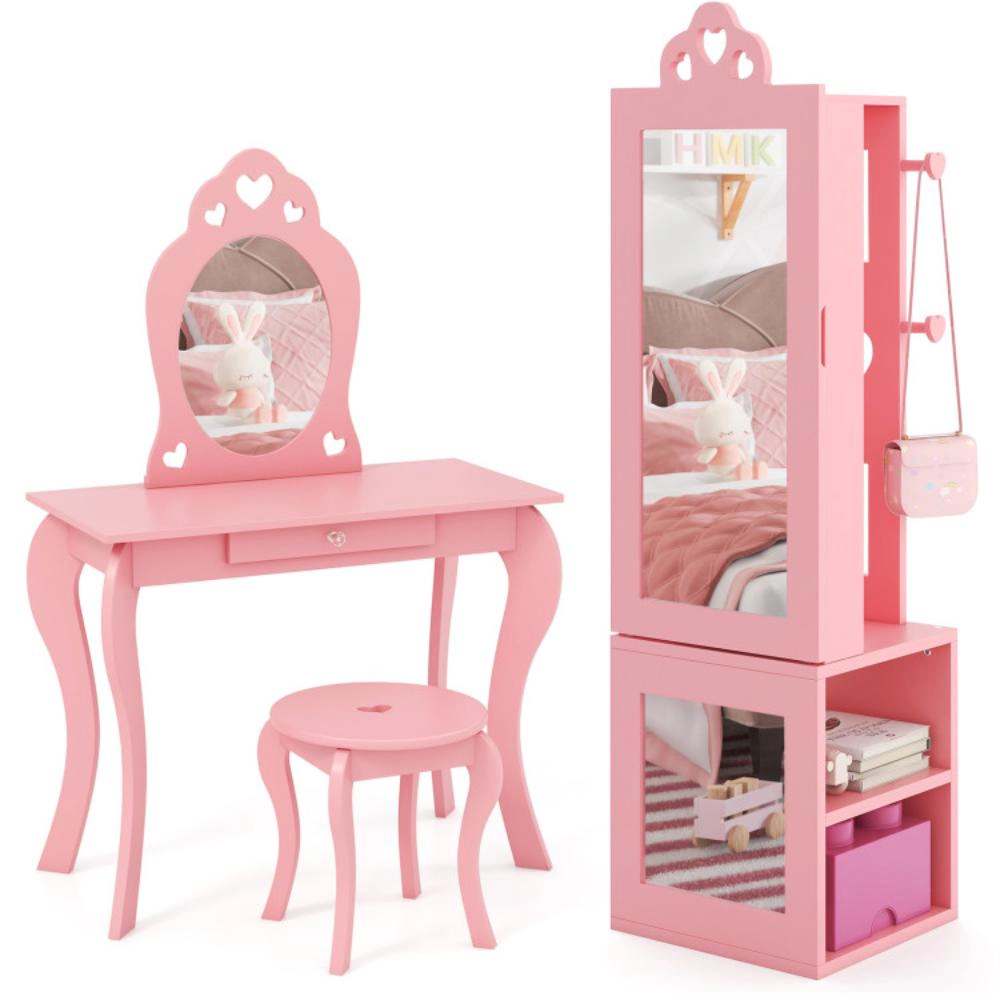Hivvago Princess Vanity Table And Stool Set Freestanding Jewelry Cabinet Armoire With Full-Length Mirror-Pink