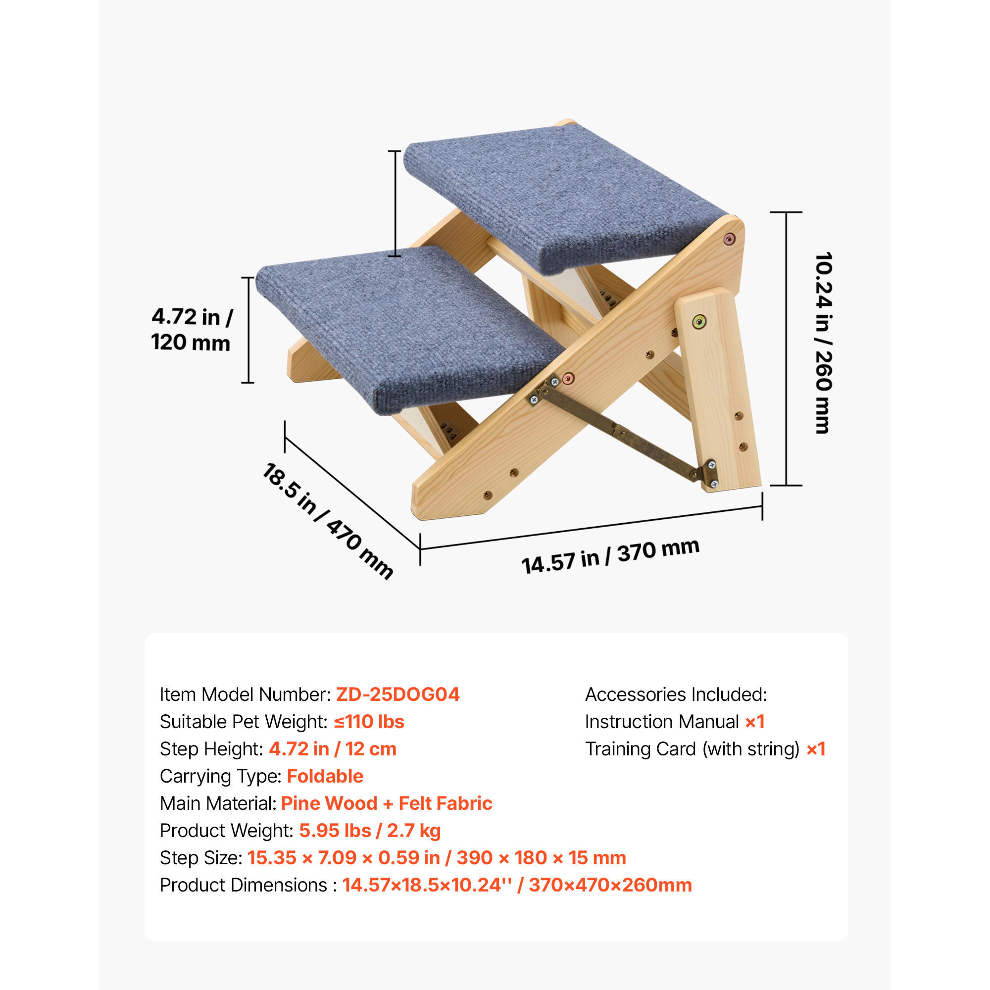 HONGGE Foldable 2-Step Wood Dog Stairs for Beds & Sofas, Compact Design, Supports Pets up to 110 lbs