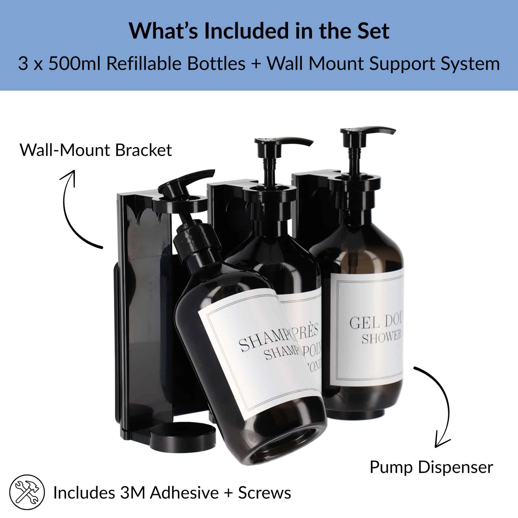 Evideco French Home Goods 3-Pack Matte Black Wall-Mounted Refillable Shower Dispenser