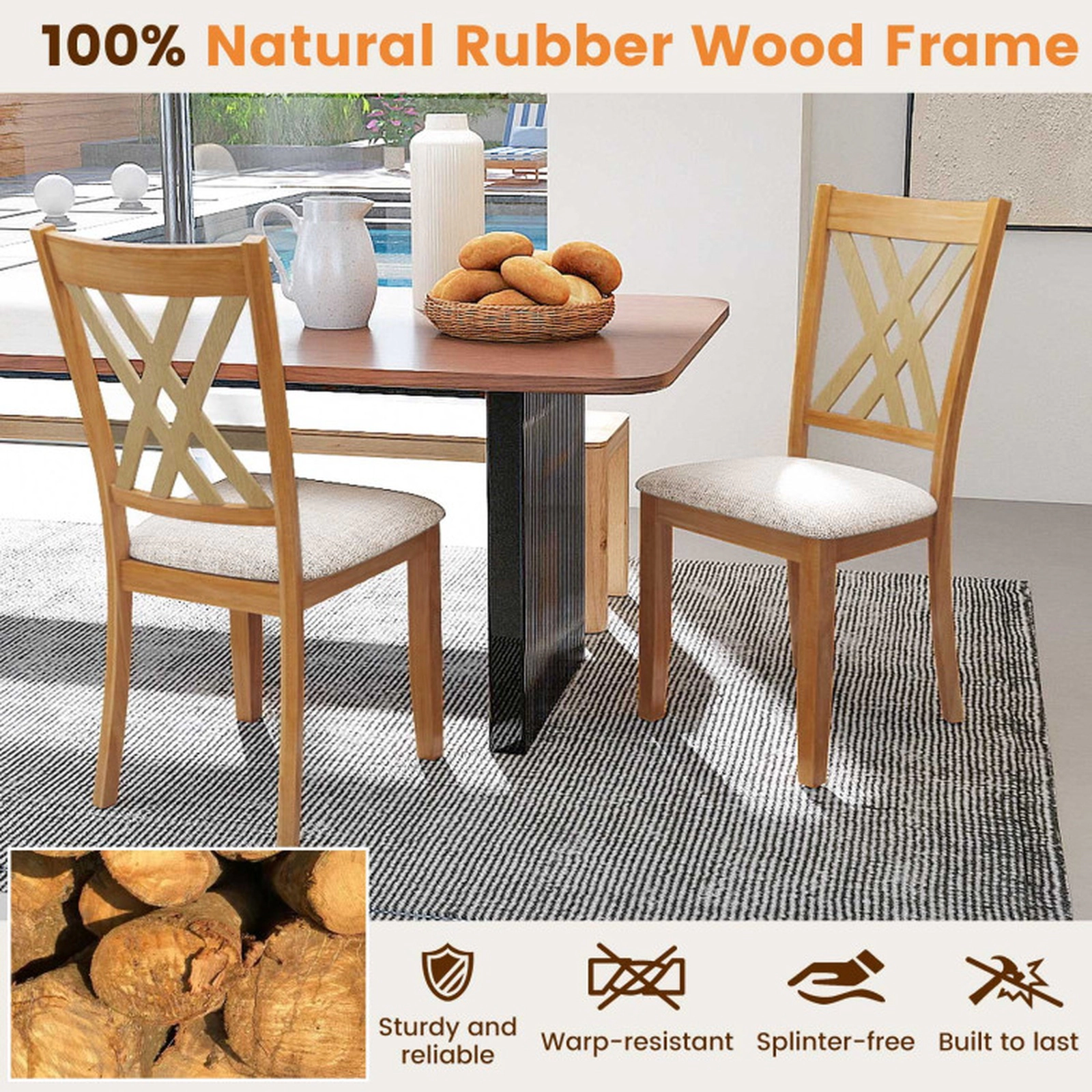 SUGIFT Linen Fabric Upholstered Wooden Dining Chair Set of 4 330-Lb Capacity Rubber Wood Frame Gray/Natural